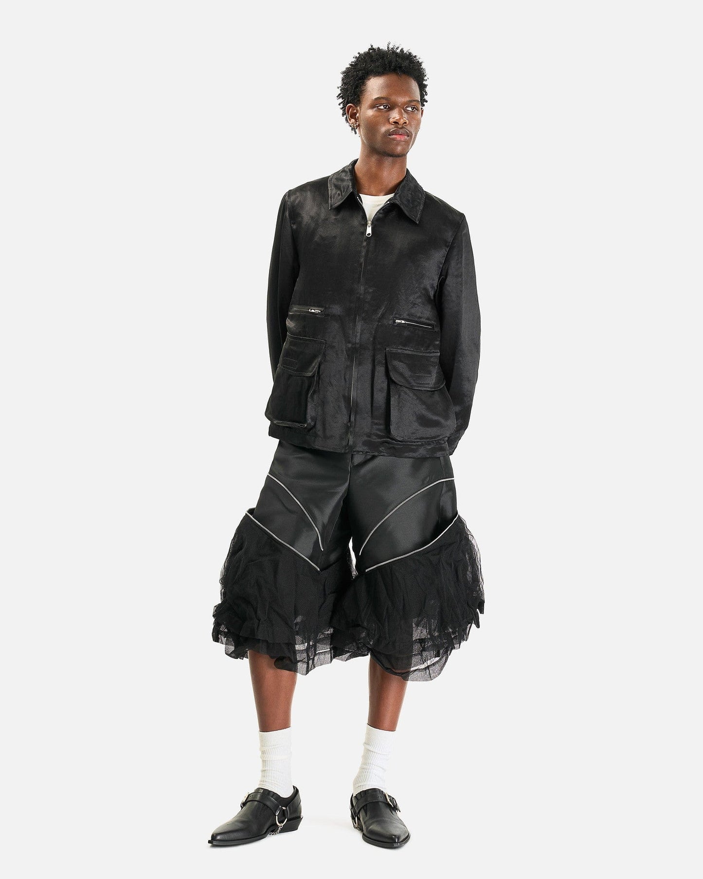 BLACK Comme des Garçons Men's Jackets Polyester Taffeta Frilled Lined Jacket in Black
