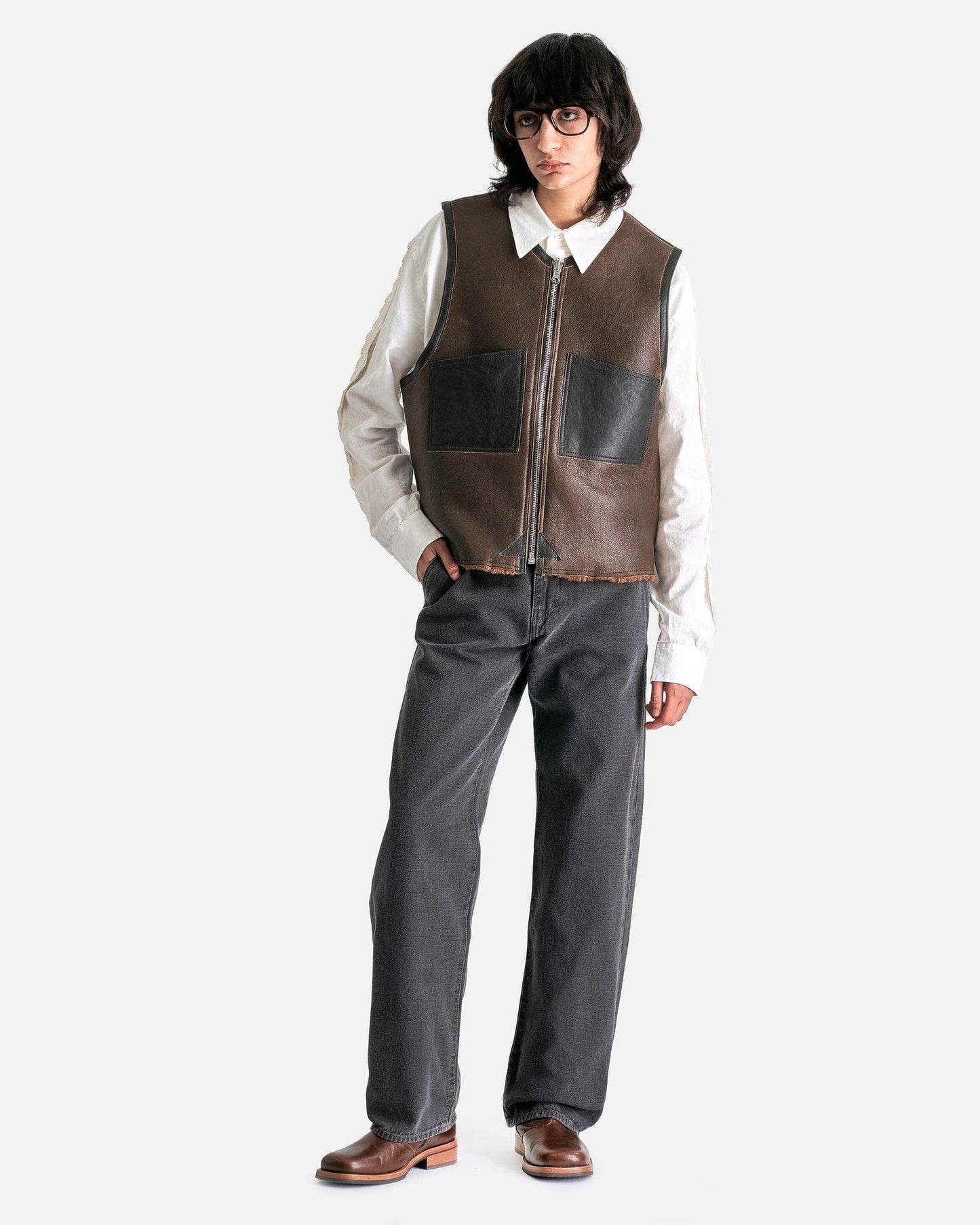 Our Legacy Men's Coat Reversible Shearling Vest in Rustic Grain Brown Shearling