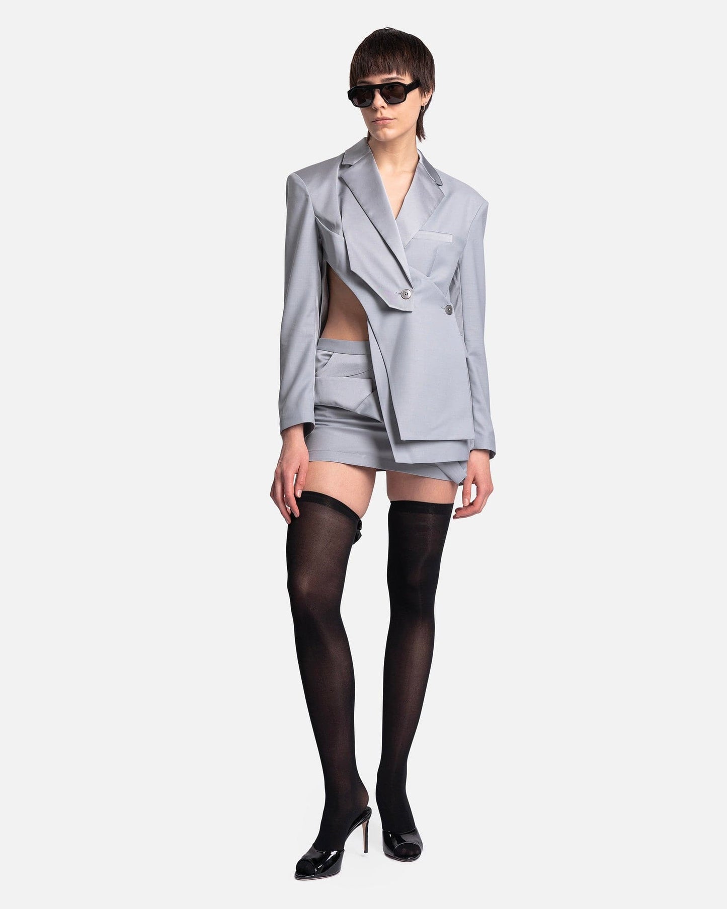 Feng Chen Wang Women Jackets Satin Deconstructed Blazer in Grey