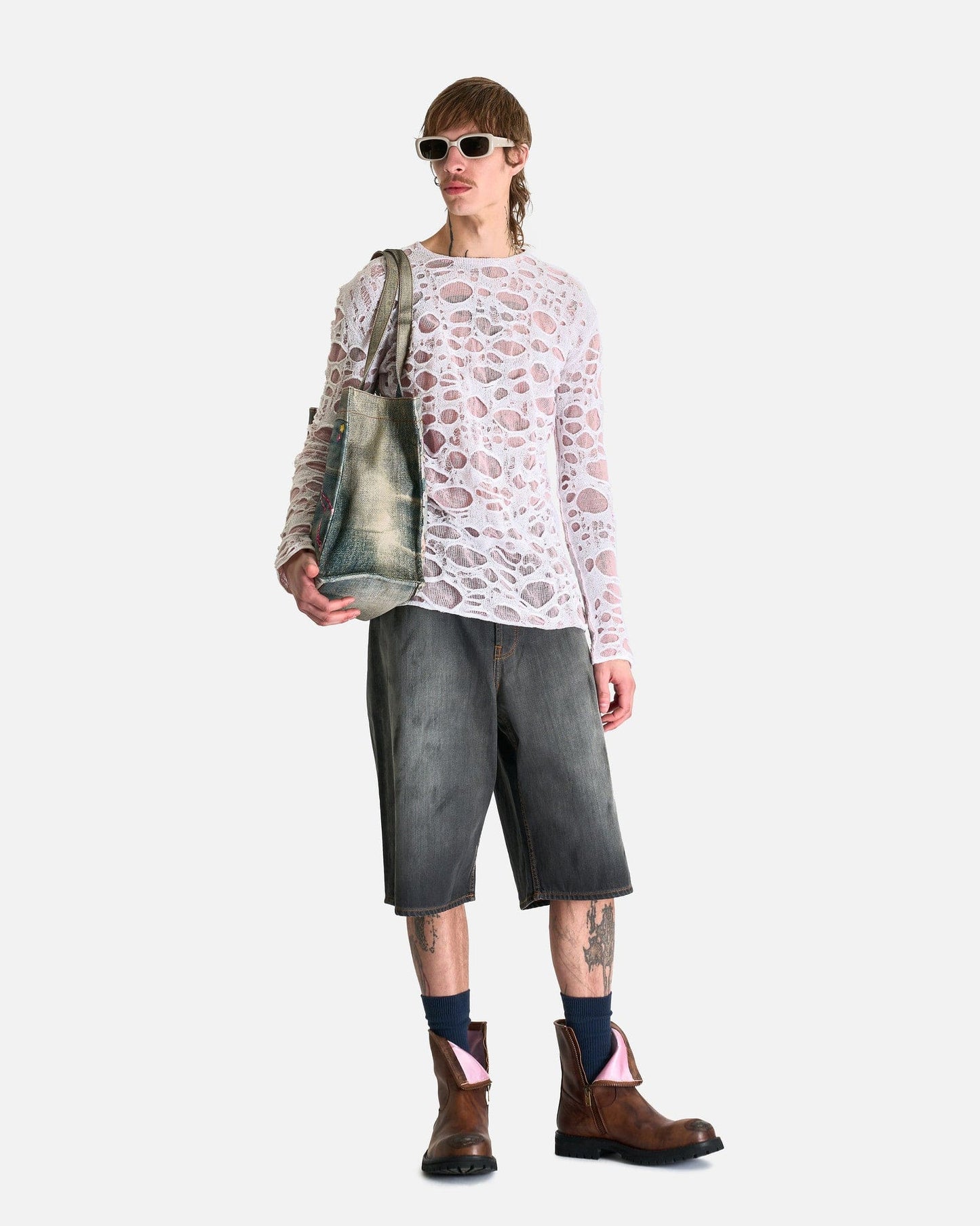 Acne Studios Men's Tops Sheer Knit Long Sleeve in Light Pink/White