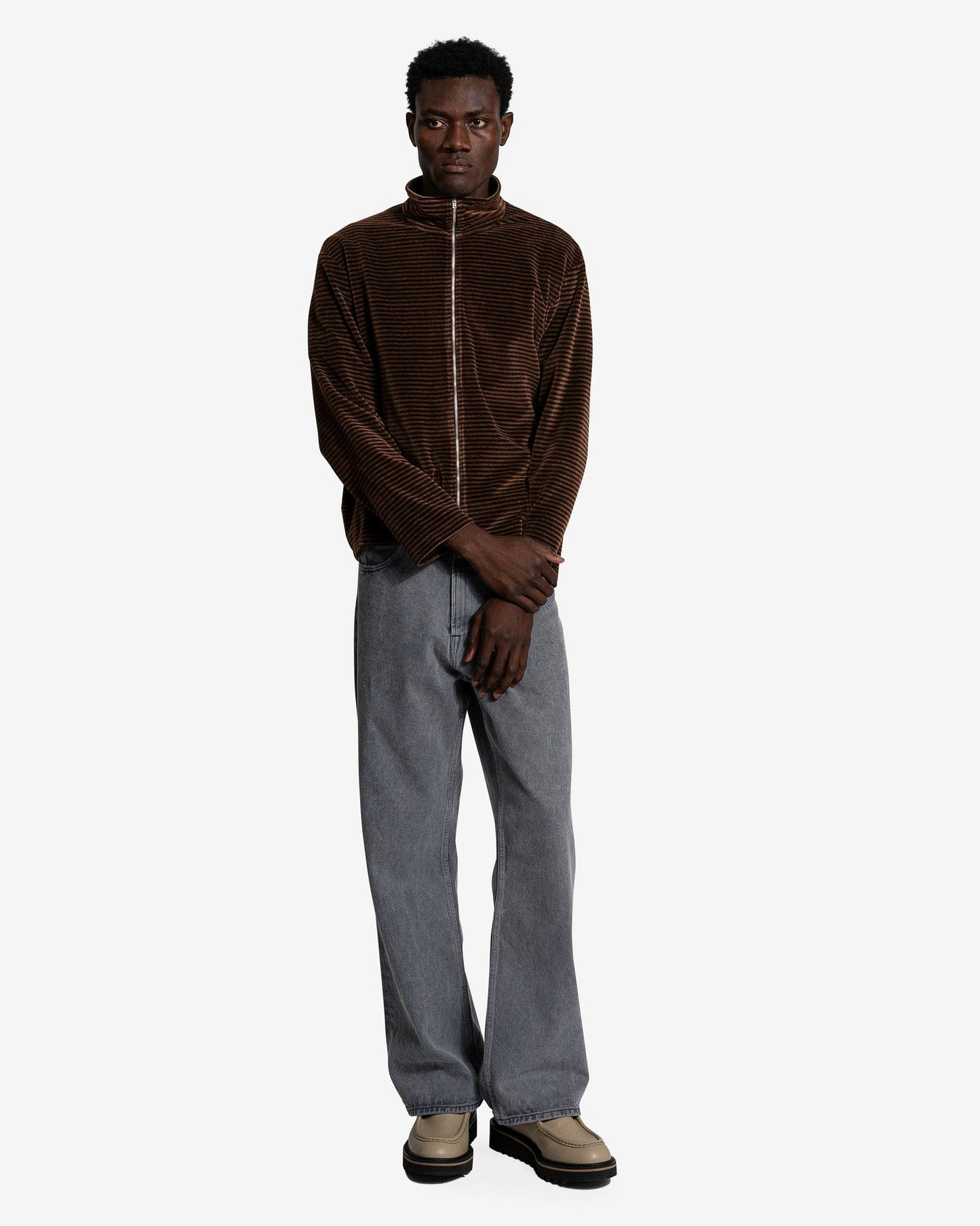 Our Legacy Men's Jackets Shrunken Full-Zip Polo in Scoobie Stripe Velour