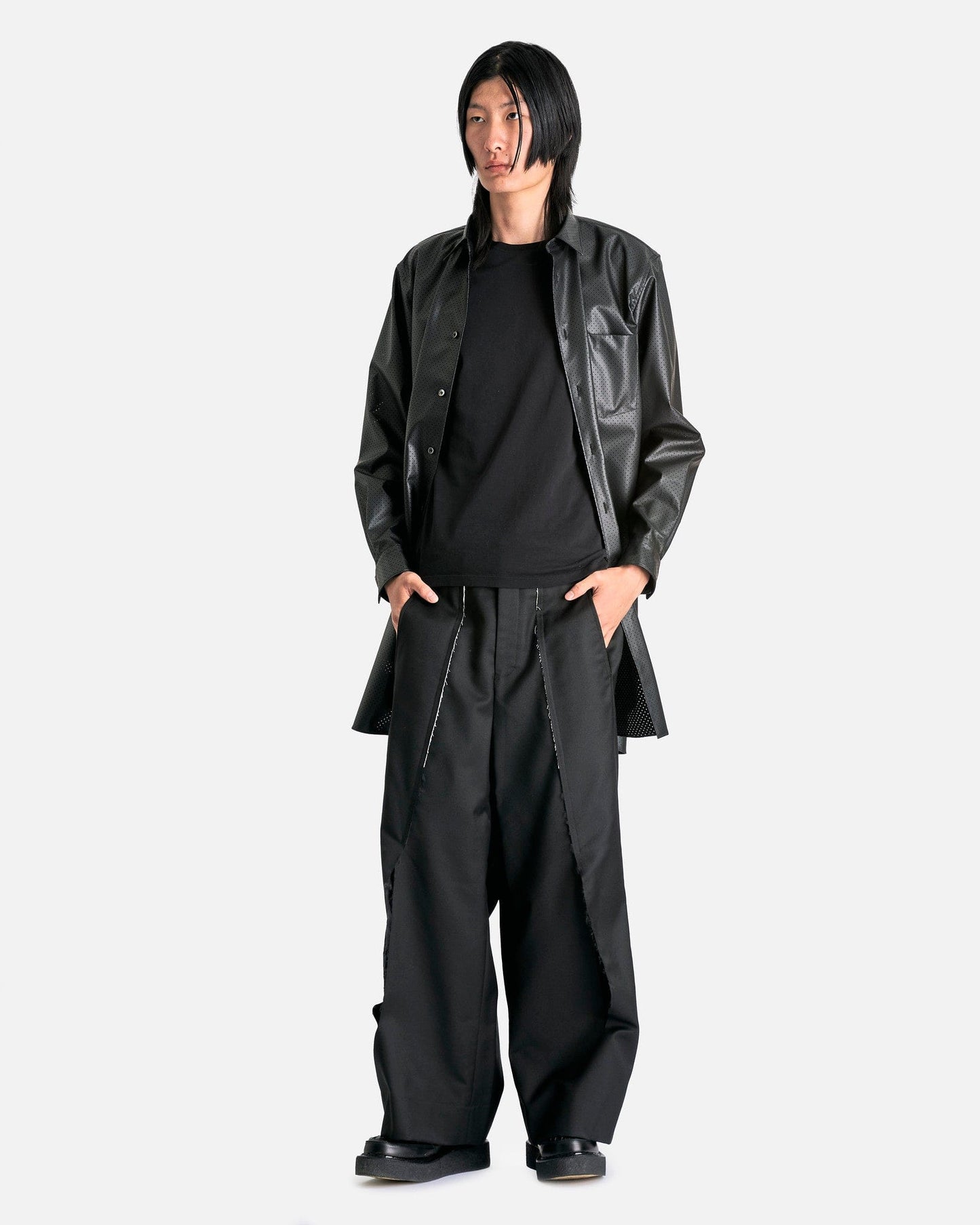 Comme des Garcons HOMME PLUS Men's Pants Spliced Wool Nylon Wide Leg Trousers in Black