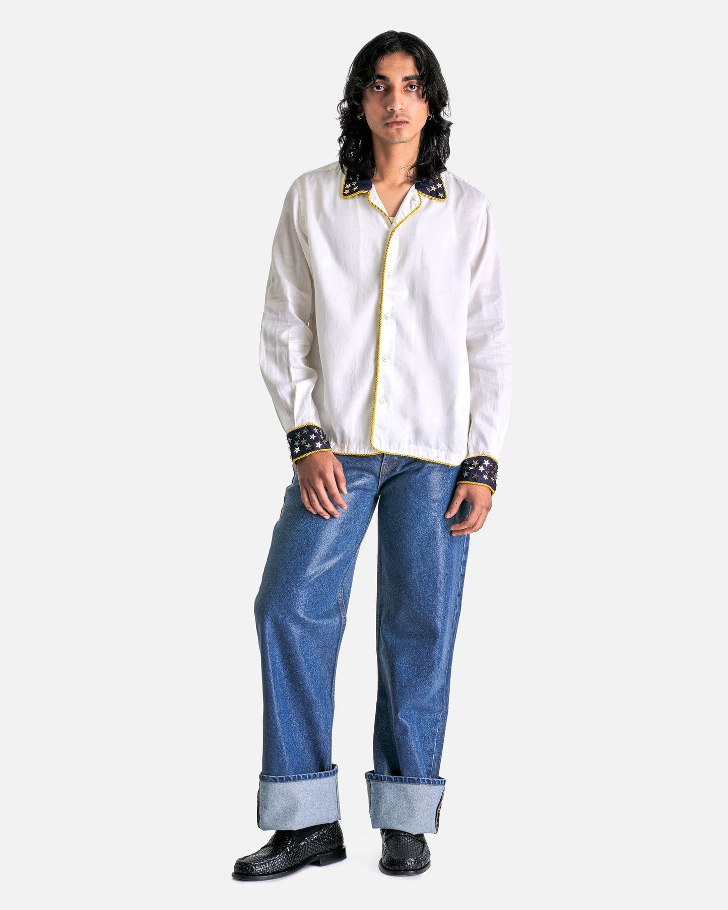 Bode Men's Shirts Starry Pageant Shirt in Ecru/Navy