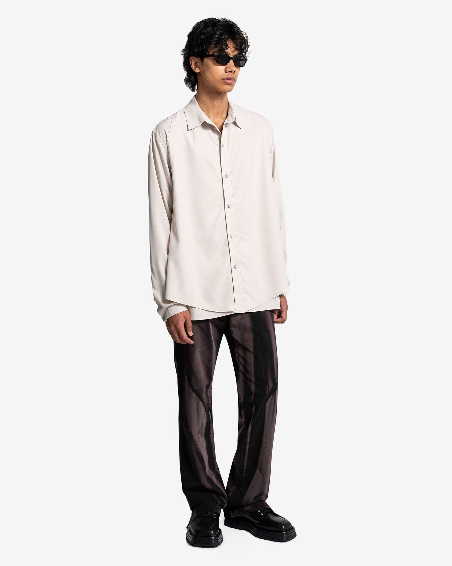 JiyongKim Men's Pants Sun Bleached Belted Straight Trousers in Black Nylon