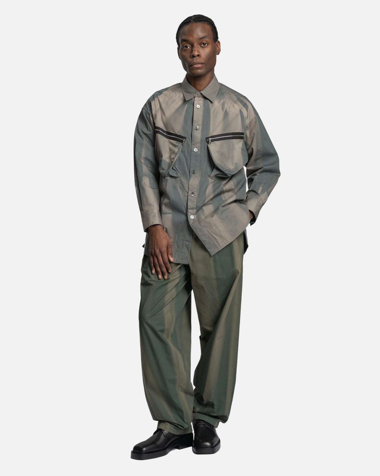 JiyongKim Men's Pants Sun-Bleached Belted Wide Trousers in Moss Green