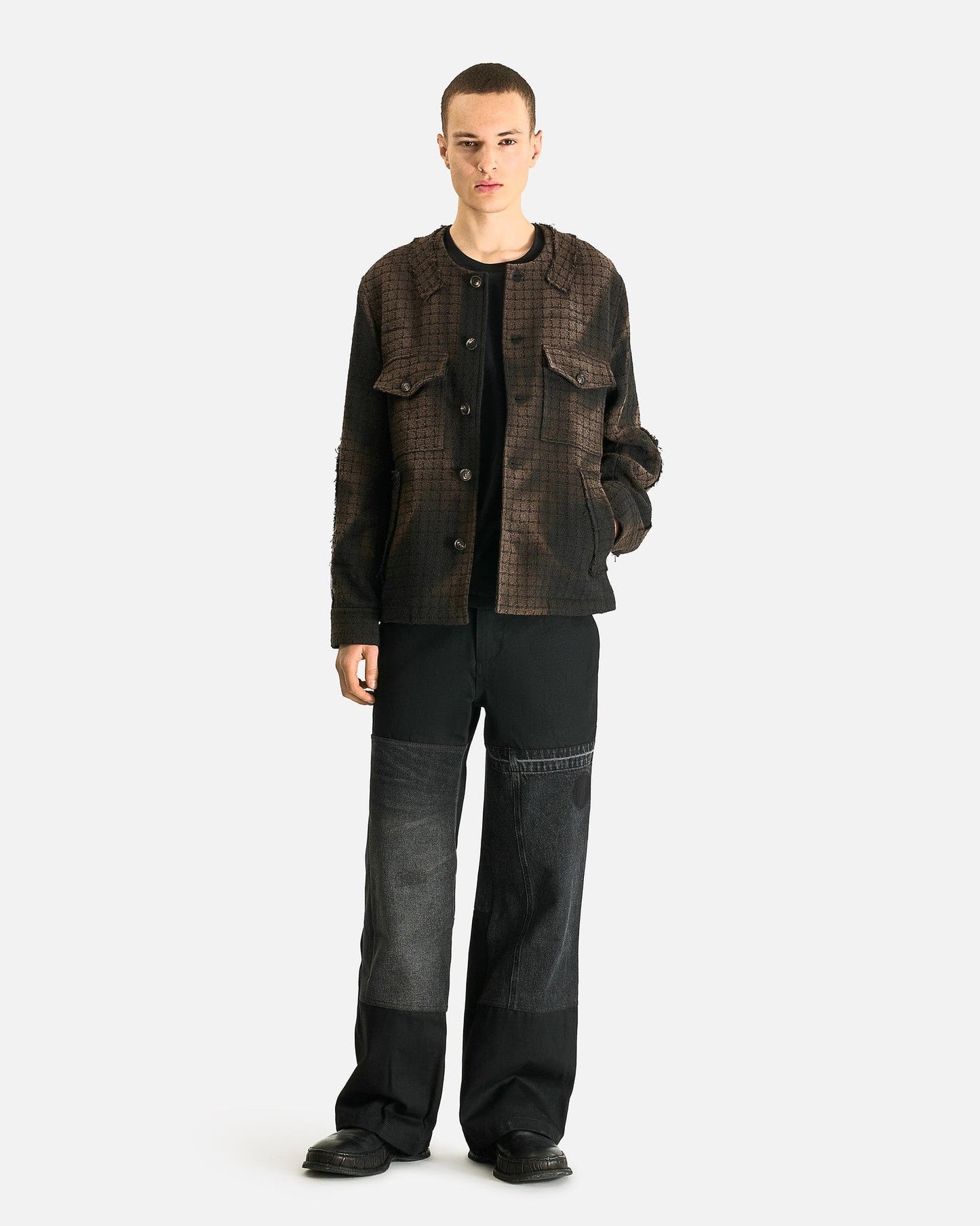 JiyongKim Men's Shirts Sun-Bleached Collarless Tweed Jacket in Black