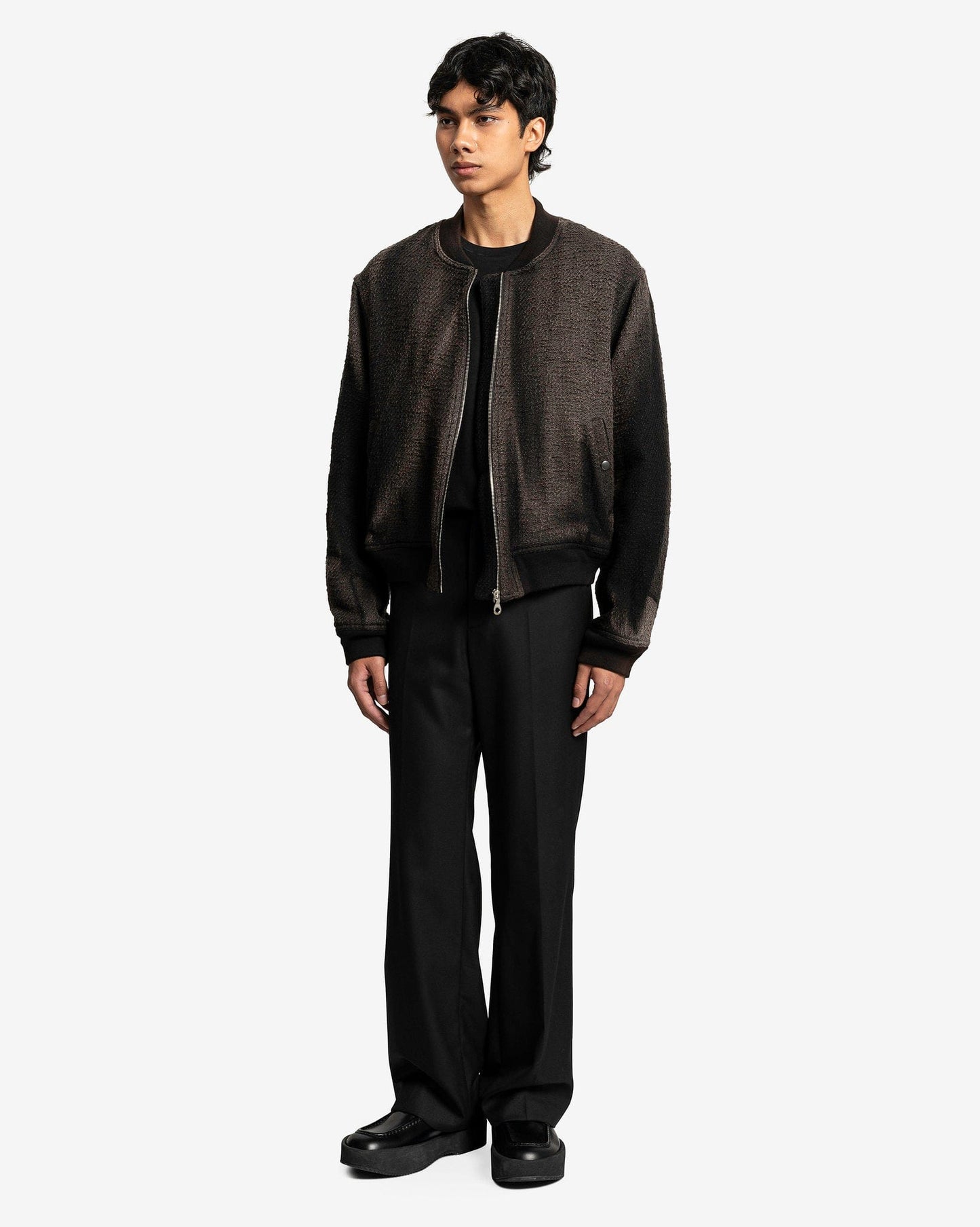 JiyongKim Men's Jackets Sun Bleached Tweed Bomber in Black Cotton Tweed