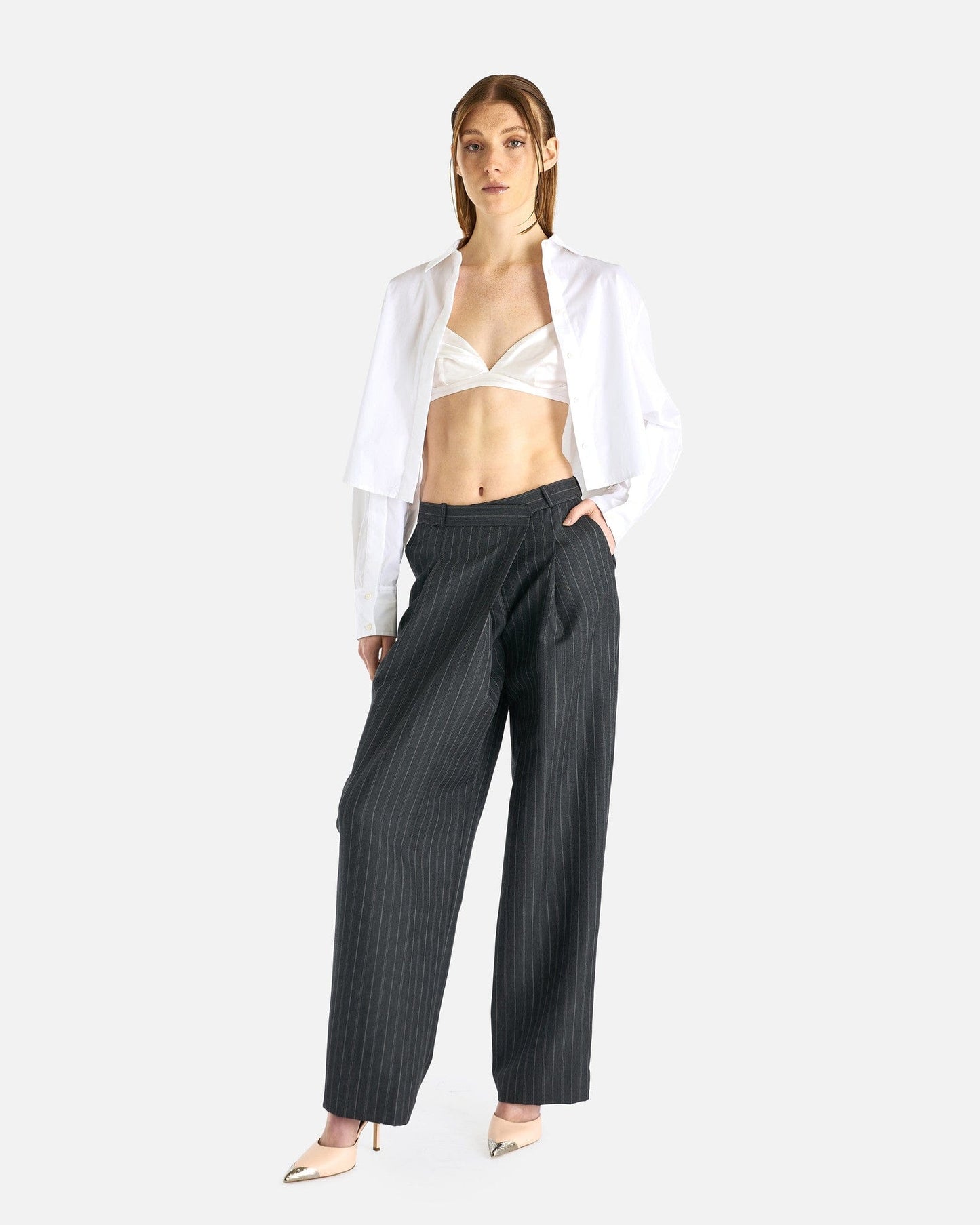 Simkhai Women Pants Tayler Overlap Wide Leg Trouser in Grey Pinstripe
