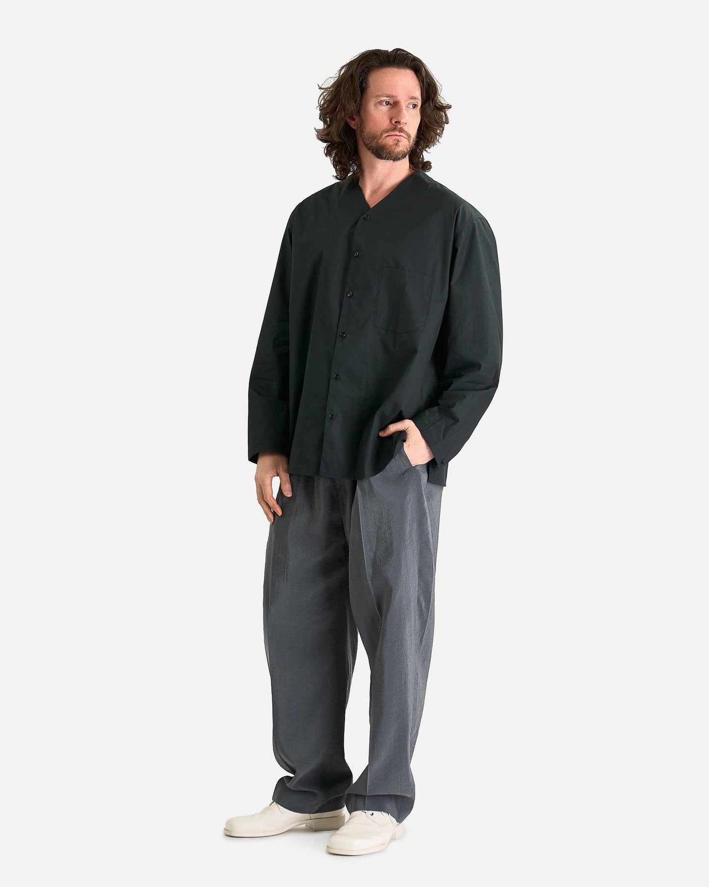 LEMAIRE Men's Shirts V Neck Shirt in Jet Black