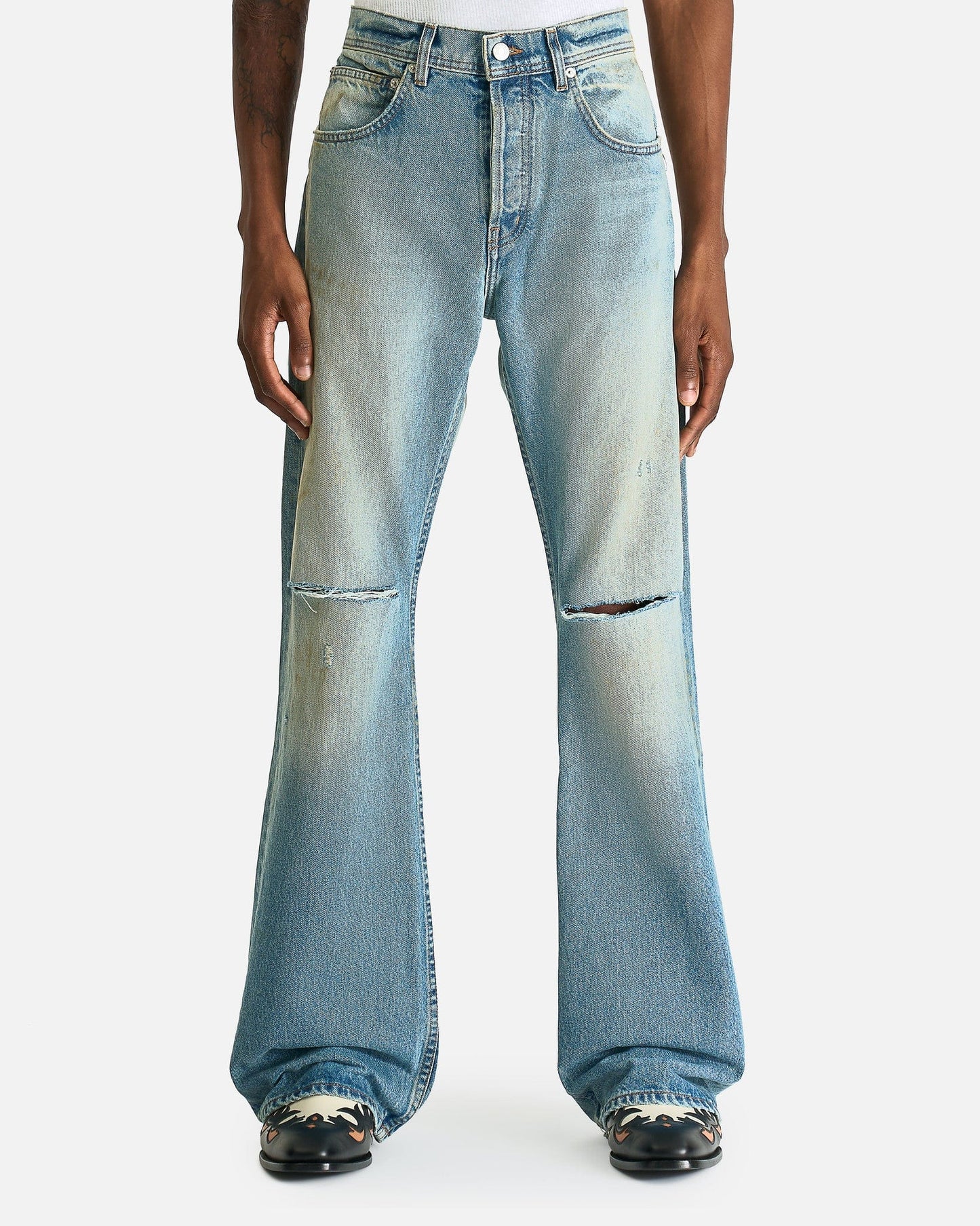 Enfants Riches Deprimes Men's Jeans Wider Flare Leg Jeans in Light Blue Wash