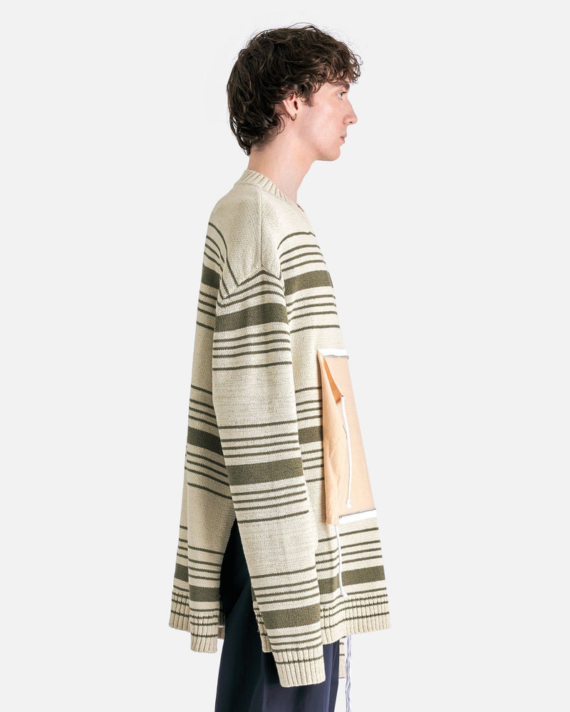 Craig Green Men's Sweater Zip Pocket Stripe Jumper in Ecru Mono Stripe