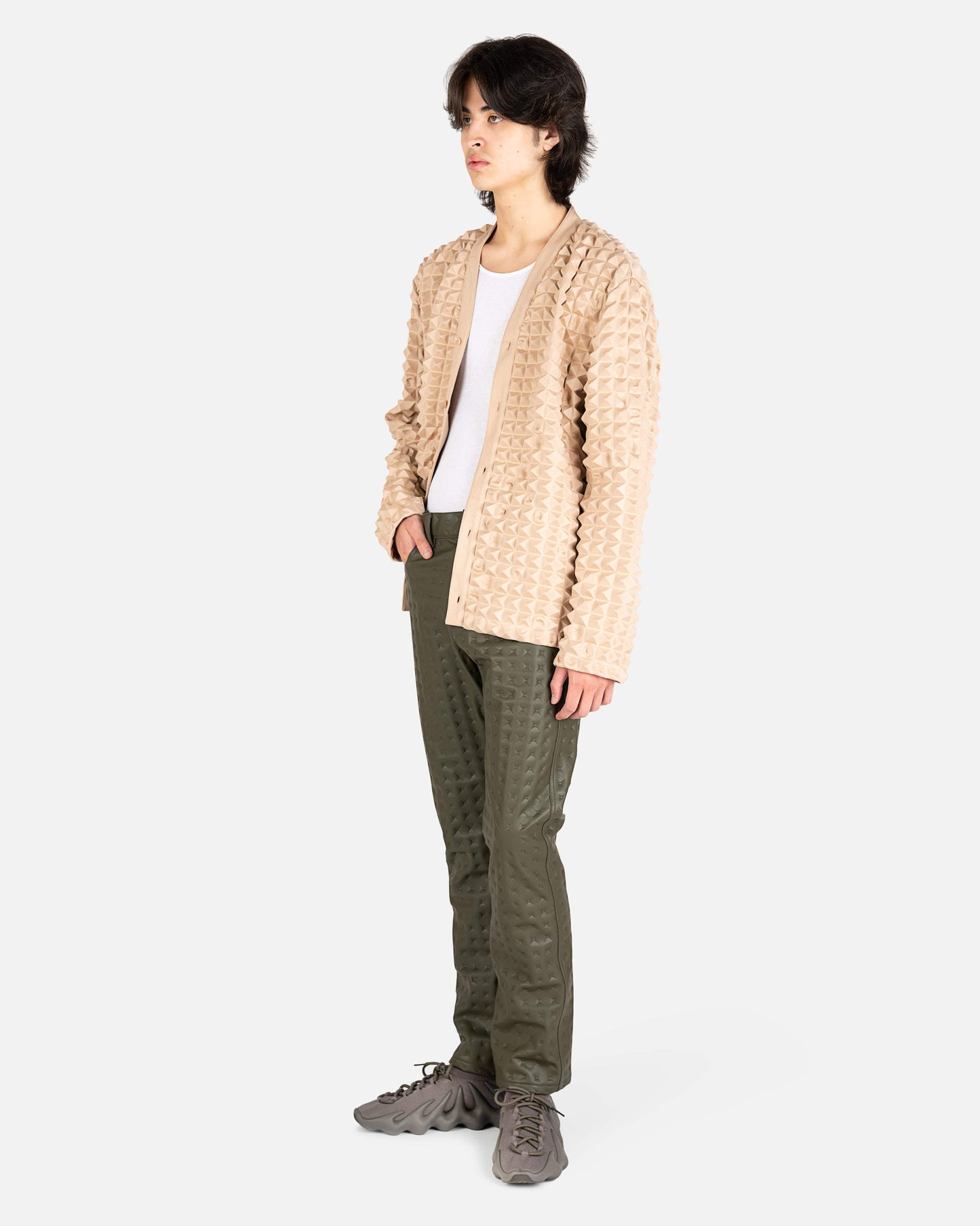KANGHYUK mens sweater 2.5 Pyramid Embossed Jersey Cardigan in Beige