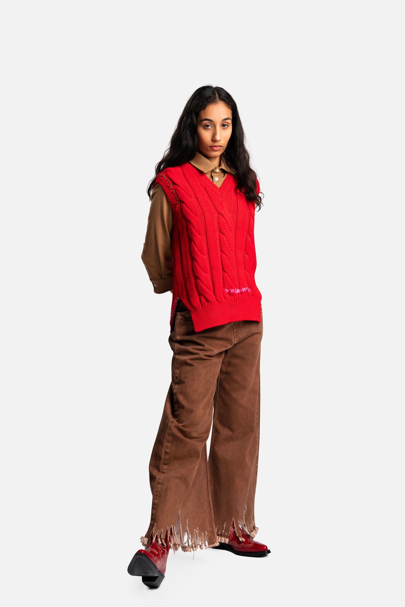 Marni Women Sweaters 3D Mending + Cable Vest in Lacquer