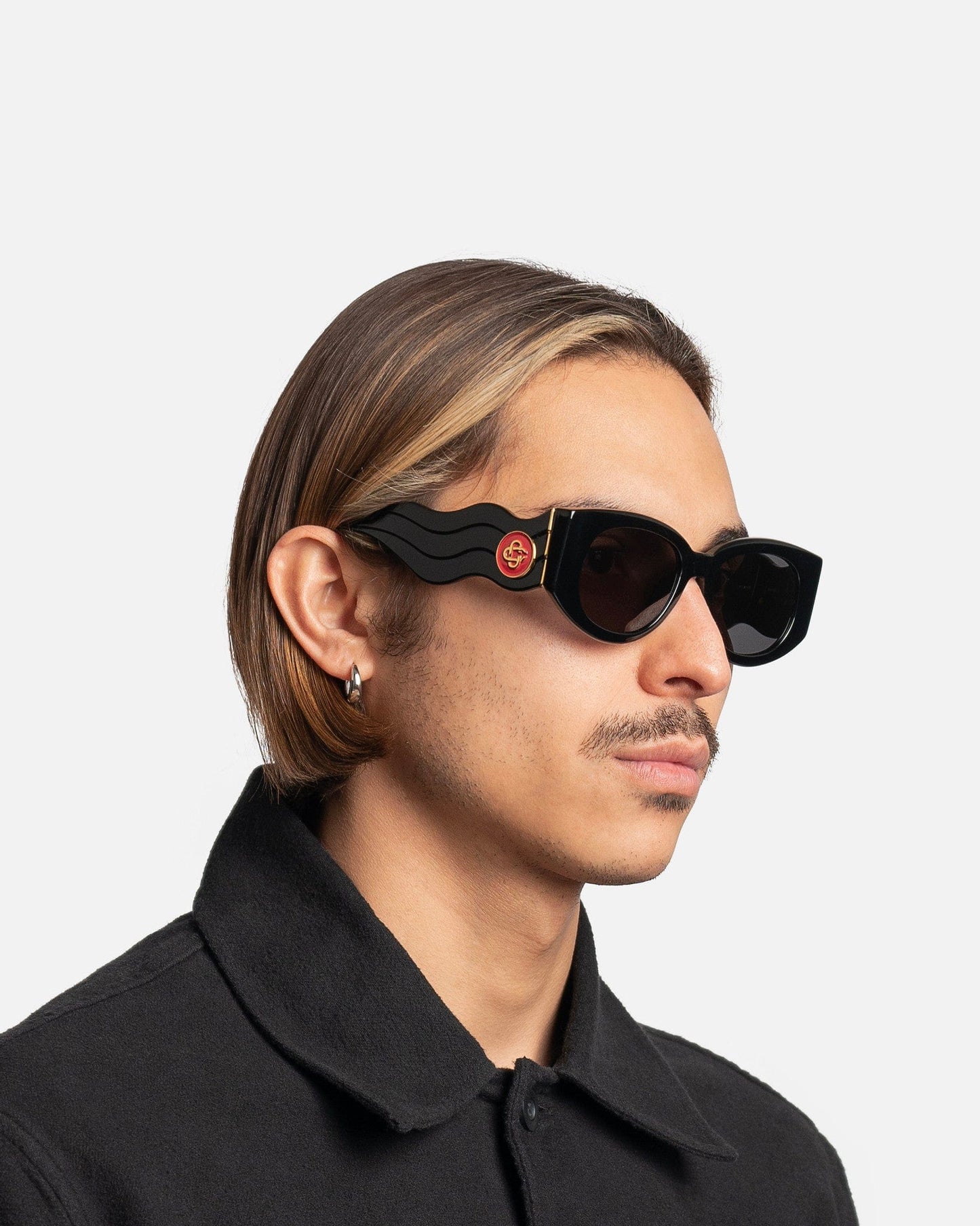 Casablanca Eyewear Acetate & Metal Wave Oval Sunglasses in Black/Gold