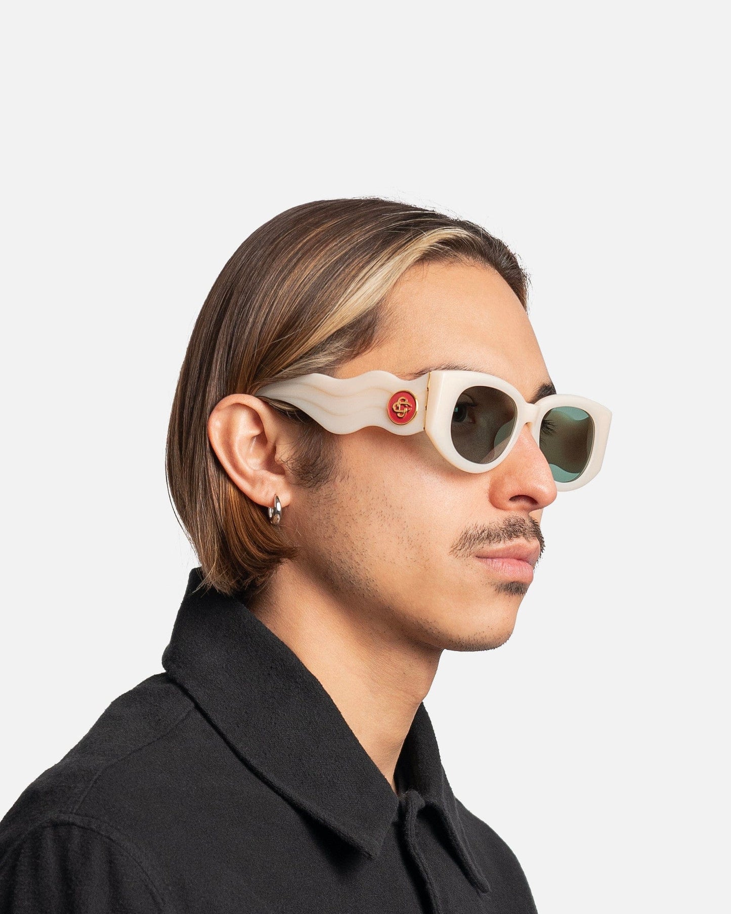 Casablanca Eyewear Acetate & Metal Wave Oval Sunglasses in Creme/Solid Green