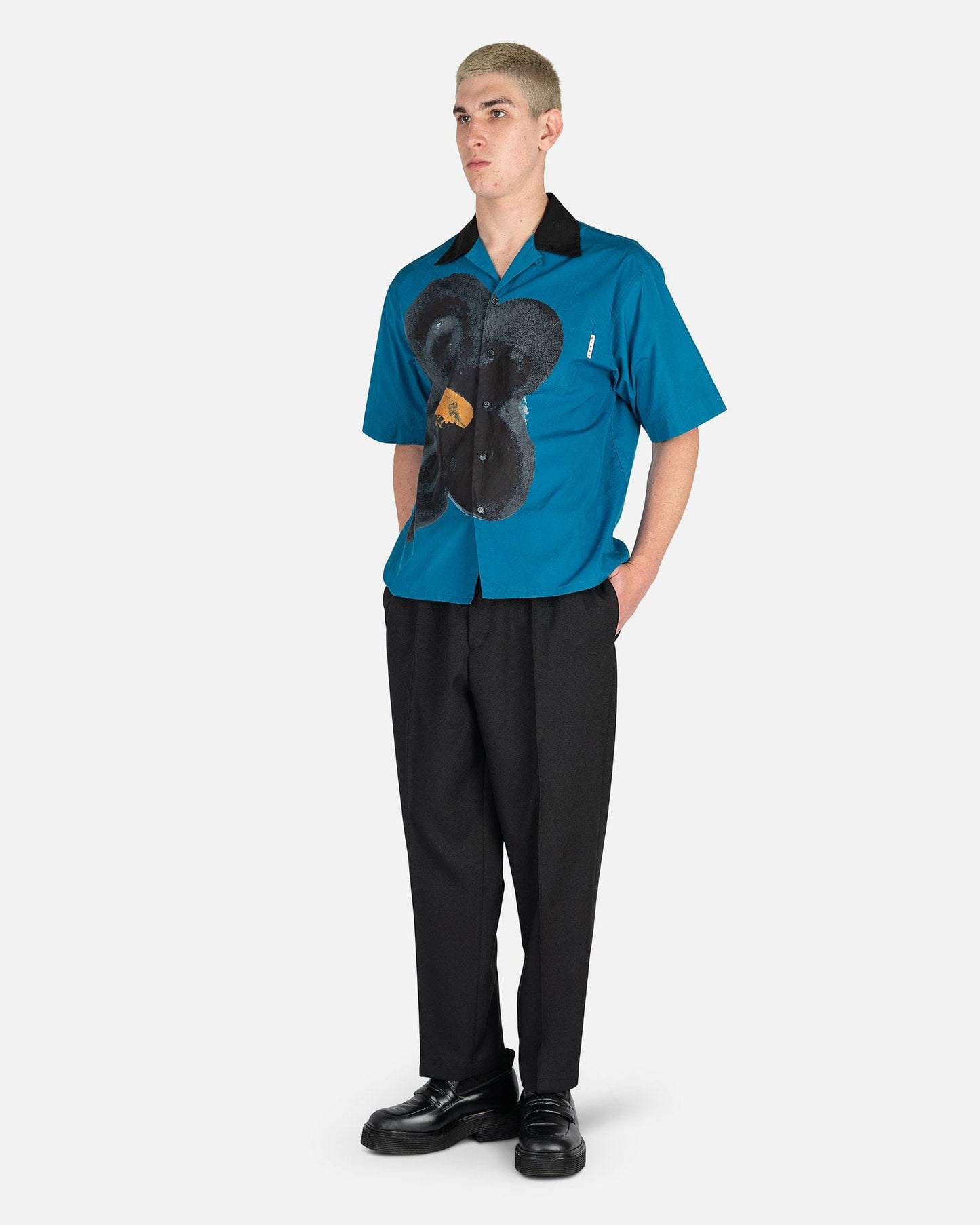 Marni Men's Shirts Black Daisy Print Poplin Shirt in Blue