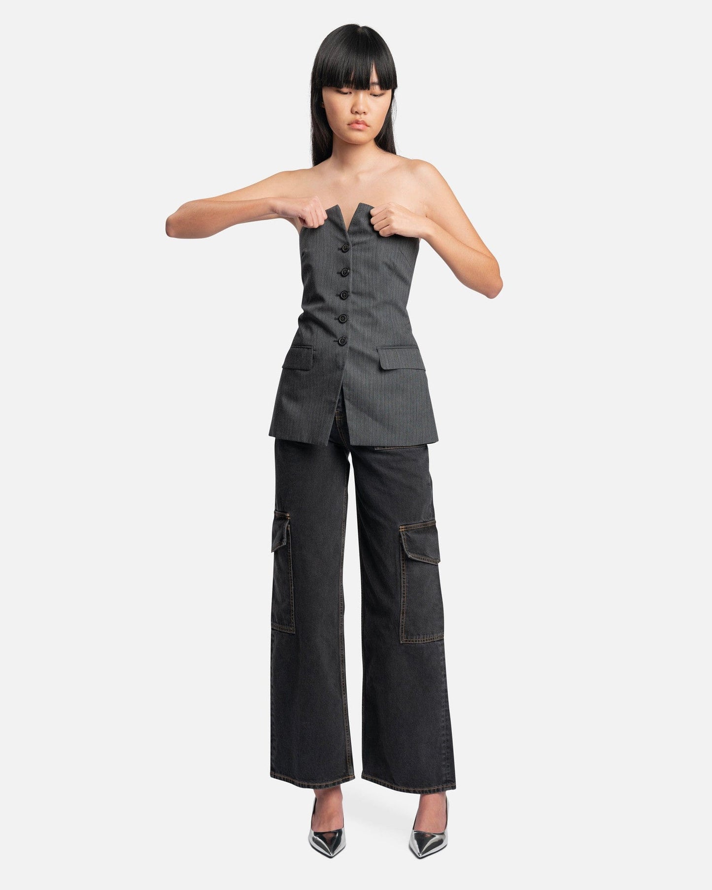 Our Legacy Women Tops Blazer Top in Ash Grey Pinstripe