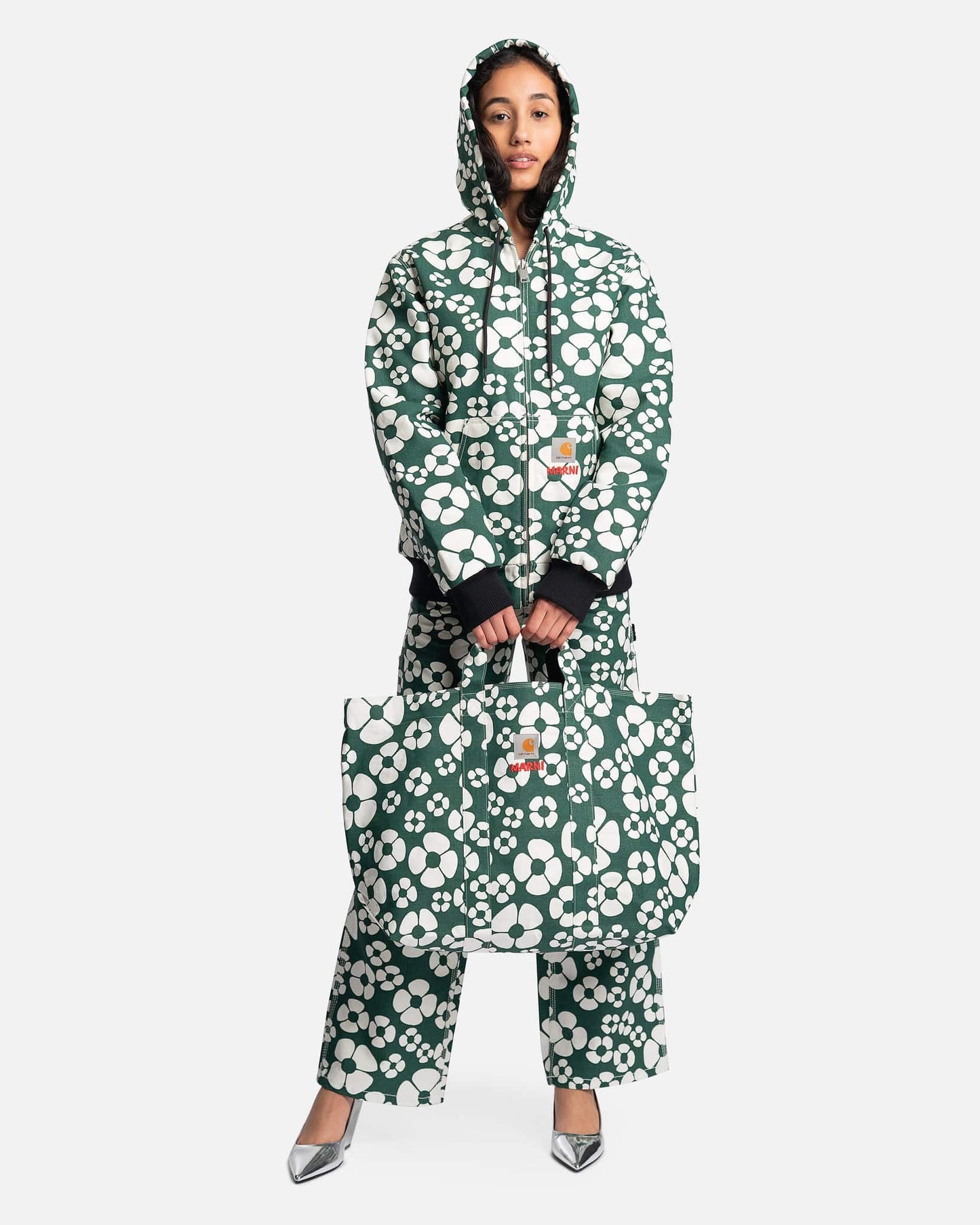 Marni Women Jackets Carhartt Flower Print Cotton Canvas Hooded Jacket in Forest Green