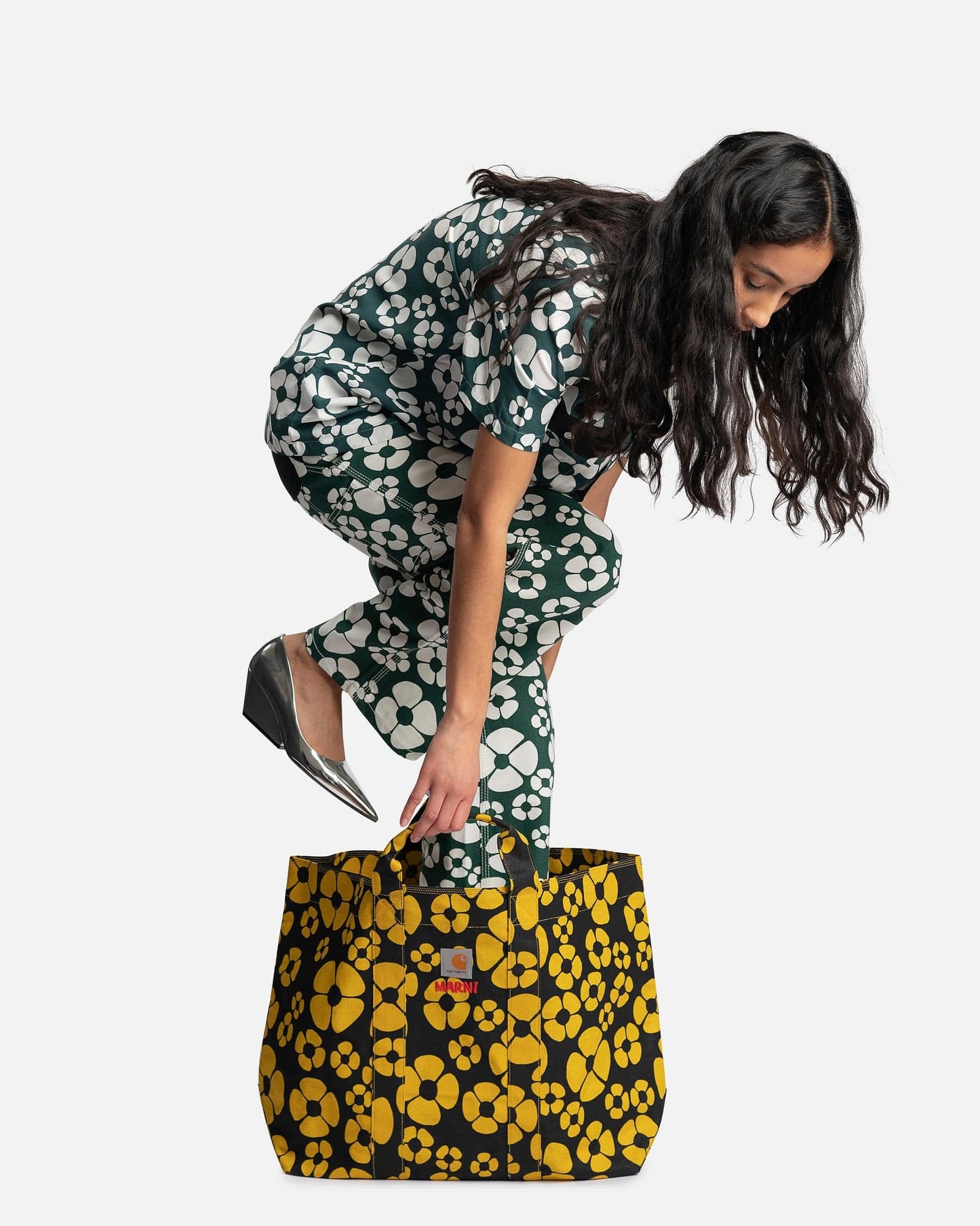 Marni Women Pants Carhartt Flower Print Cotton Canvas Trousers in Forest Green