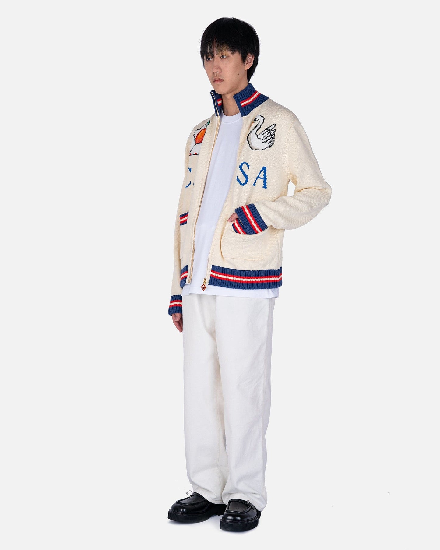 Casablanca Men's Jackets Casa Swan Knit Zip Up Jacket in White