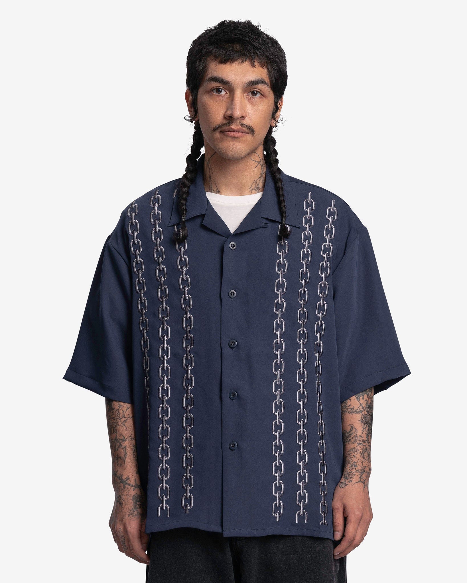 Chain Embroidery Open Collar Shirt in Navy SVRN Chain Embroidery Open Collar Shirt in Navy SVRN