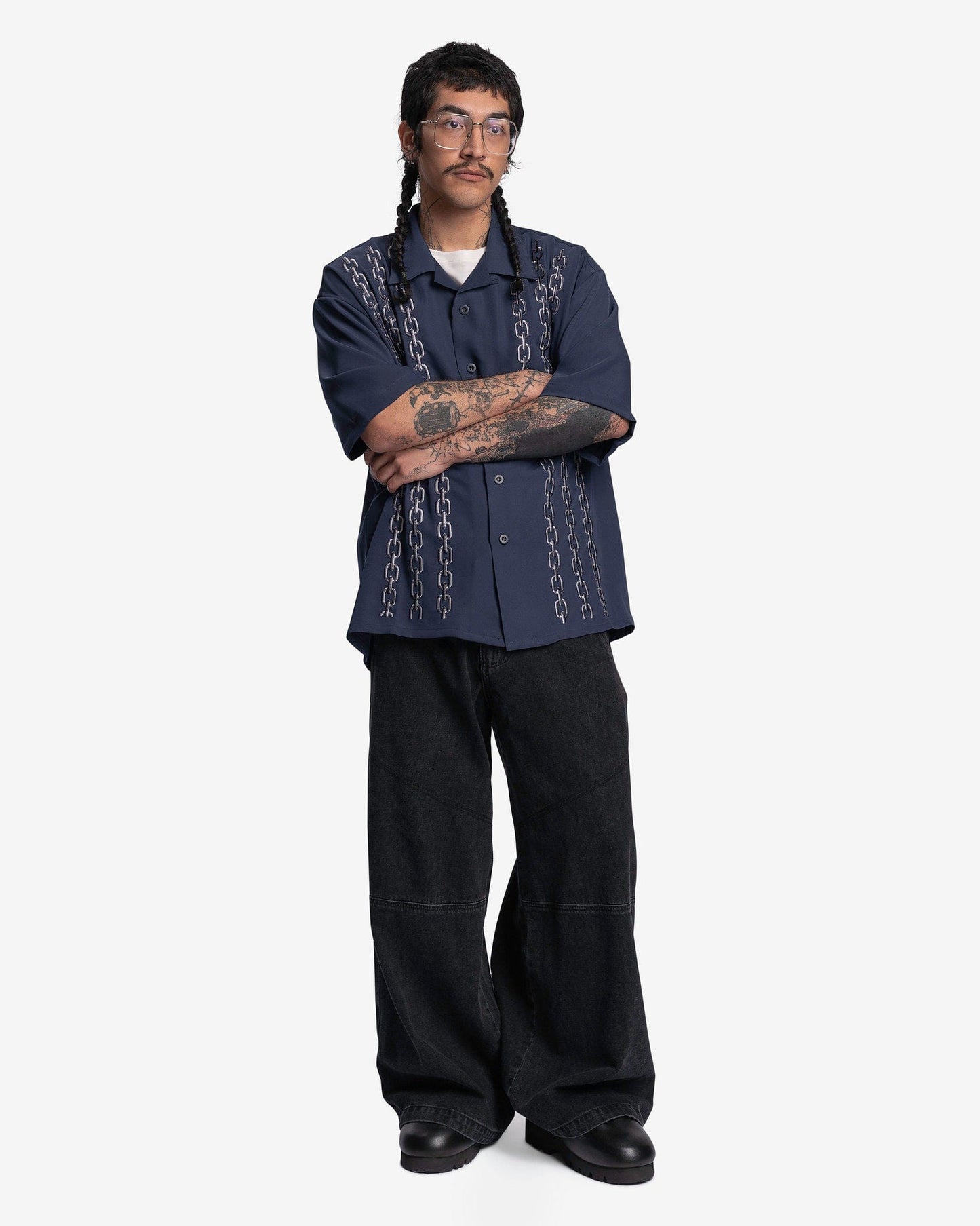 Willy Chavarria Men's Shirts Chain Embroidery Open Collar Shirt in Navy