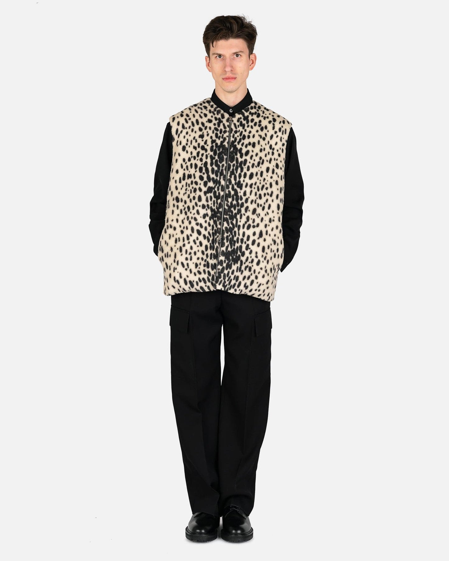 Jil Sander Men's Jackets Cheetah Print Wool Cotton Fleece Vest in Open Beige