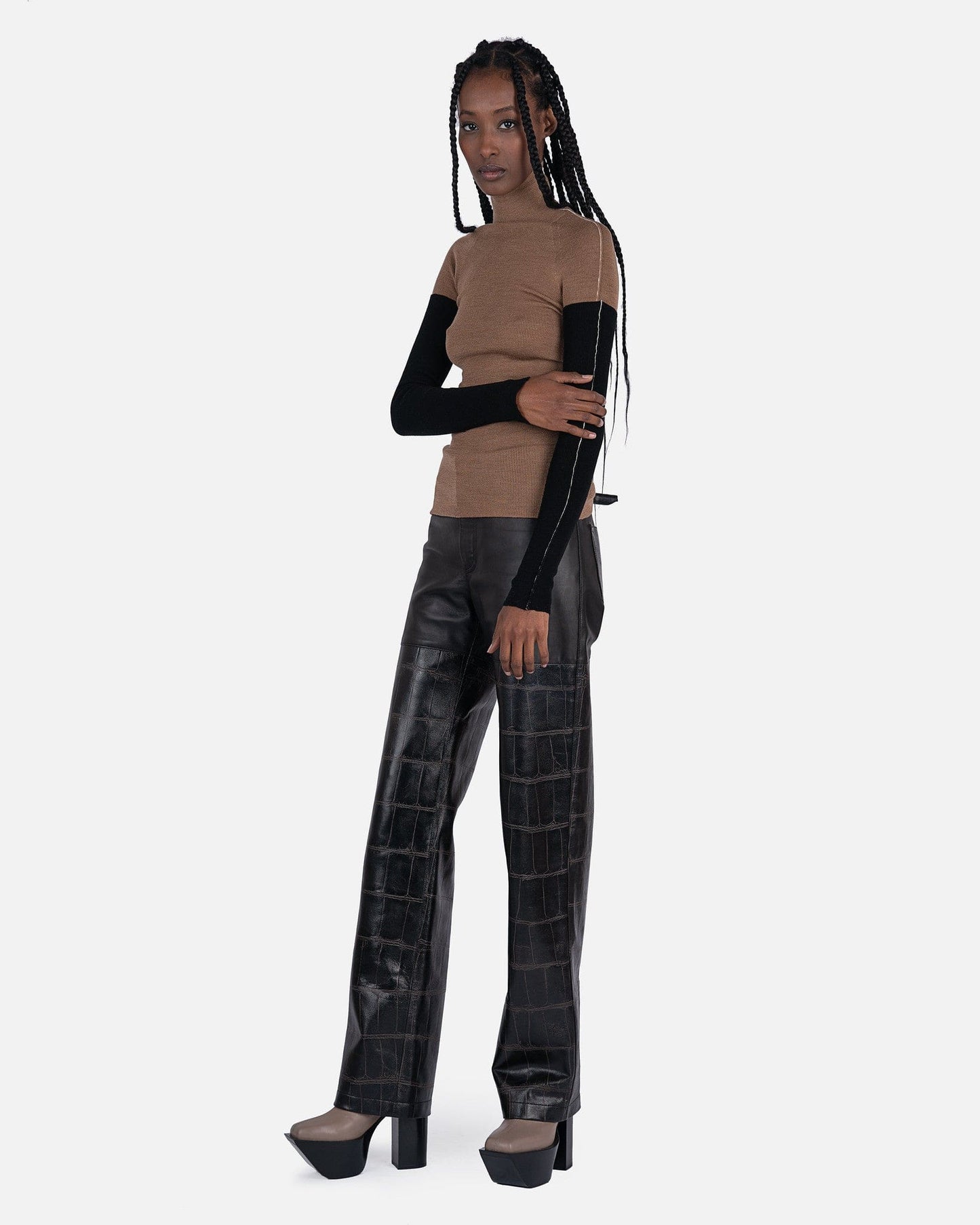 Peter Do Women Tops Combo Sleeve Turtle Neck Sweater in Camel/Black