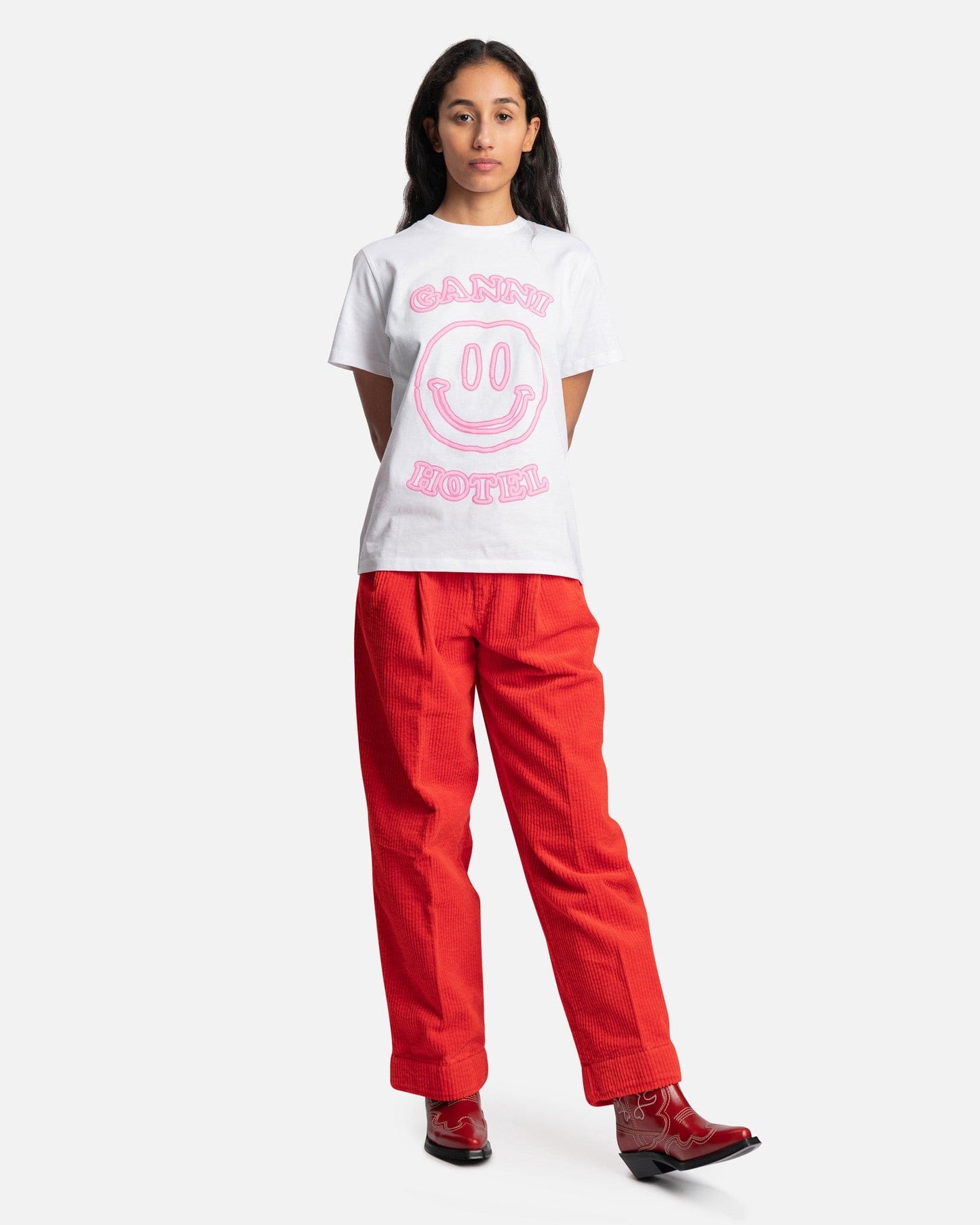 Ganni Women Pants Corduroy Loose Fit Mid Waist Pleat Pants in Fiery Red