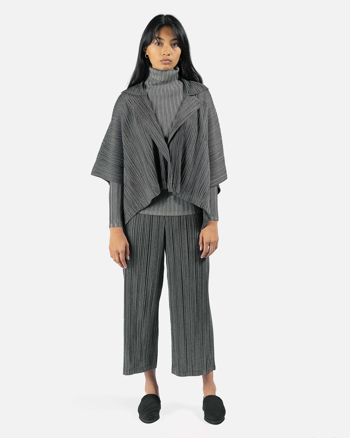 Pleats Please Issey Miyake Women Jackets Cotton Pinstripe Cardigan in Grey