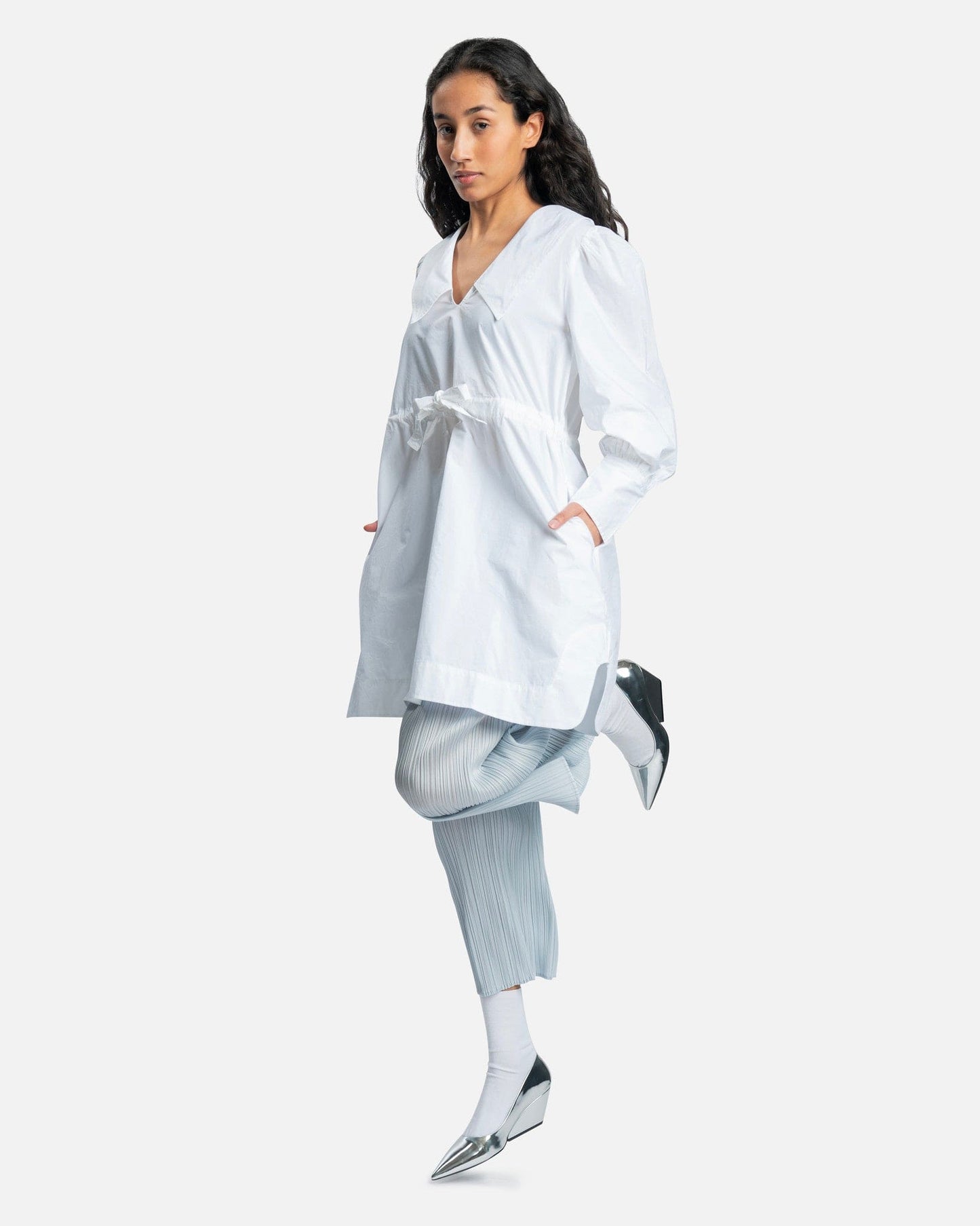 Ganni Women Dresses Cotton Poplin V-Neck Mini Dress in Bright White