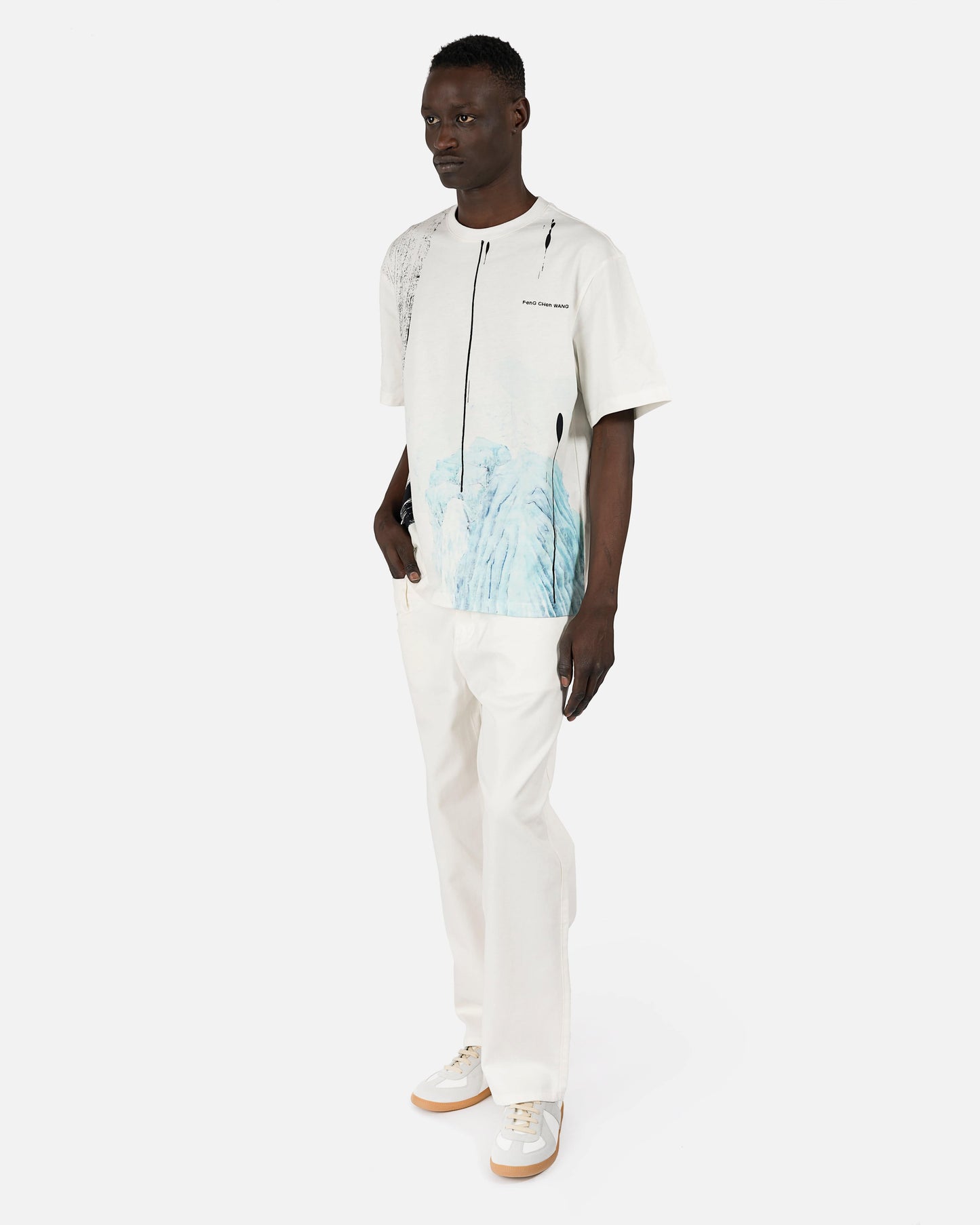 Feng Chen Wang Men's Jeans Double Waistband Jeans in White