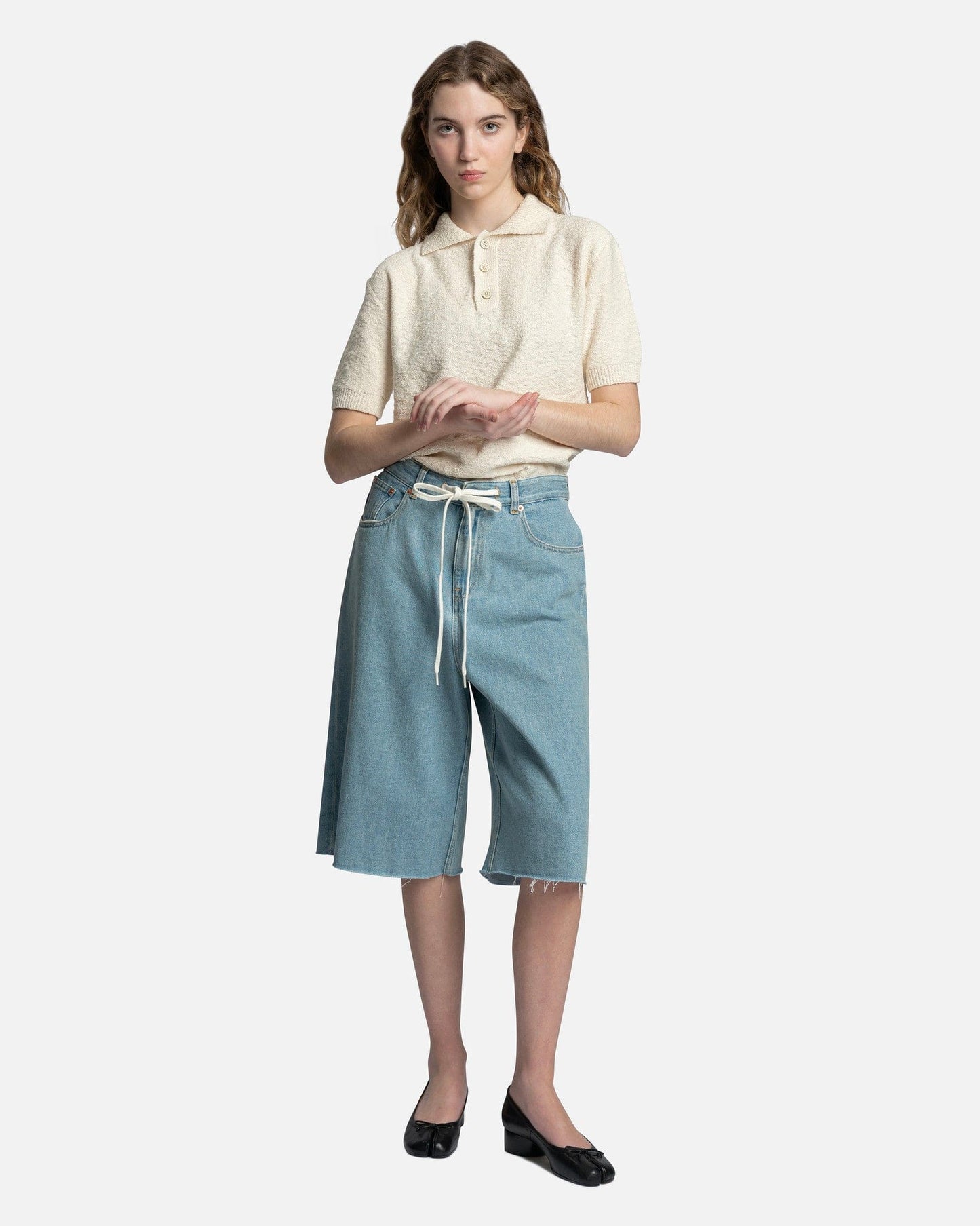 MM6 Maison Margiela Women Shorts Drawstring Denim Shorts in Light Blue