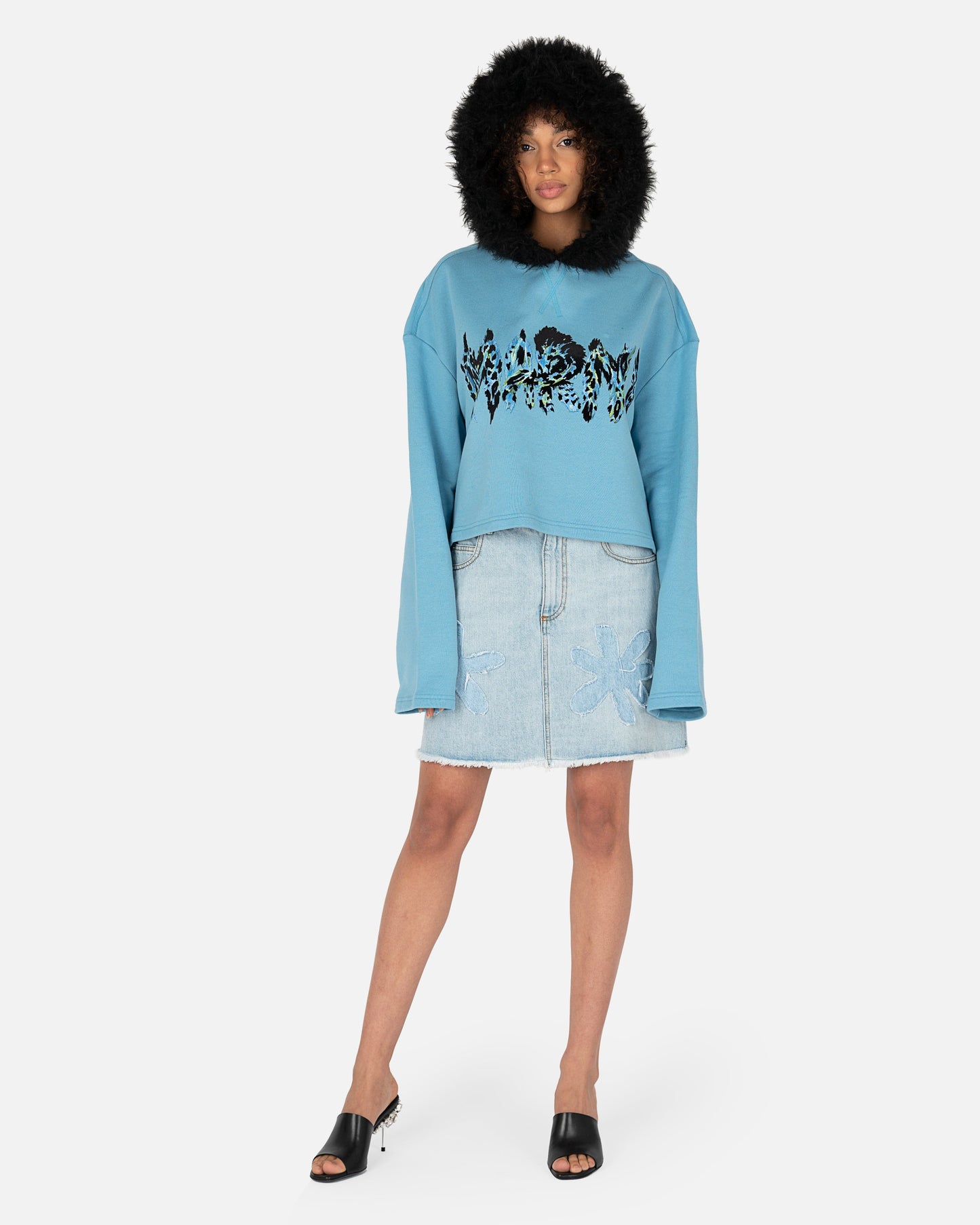 Marni Women Sweaters Feline Print Logo Cropped Sweatshirt in Blue