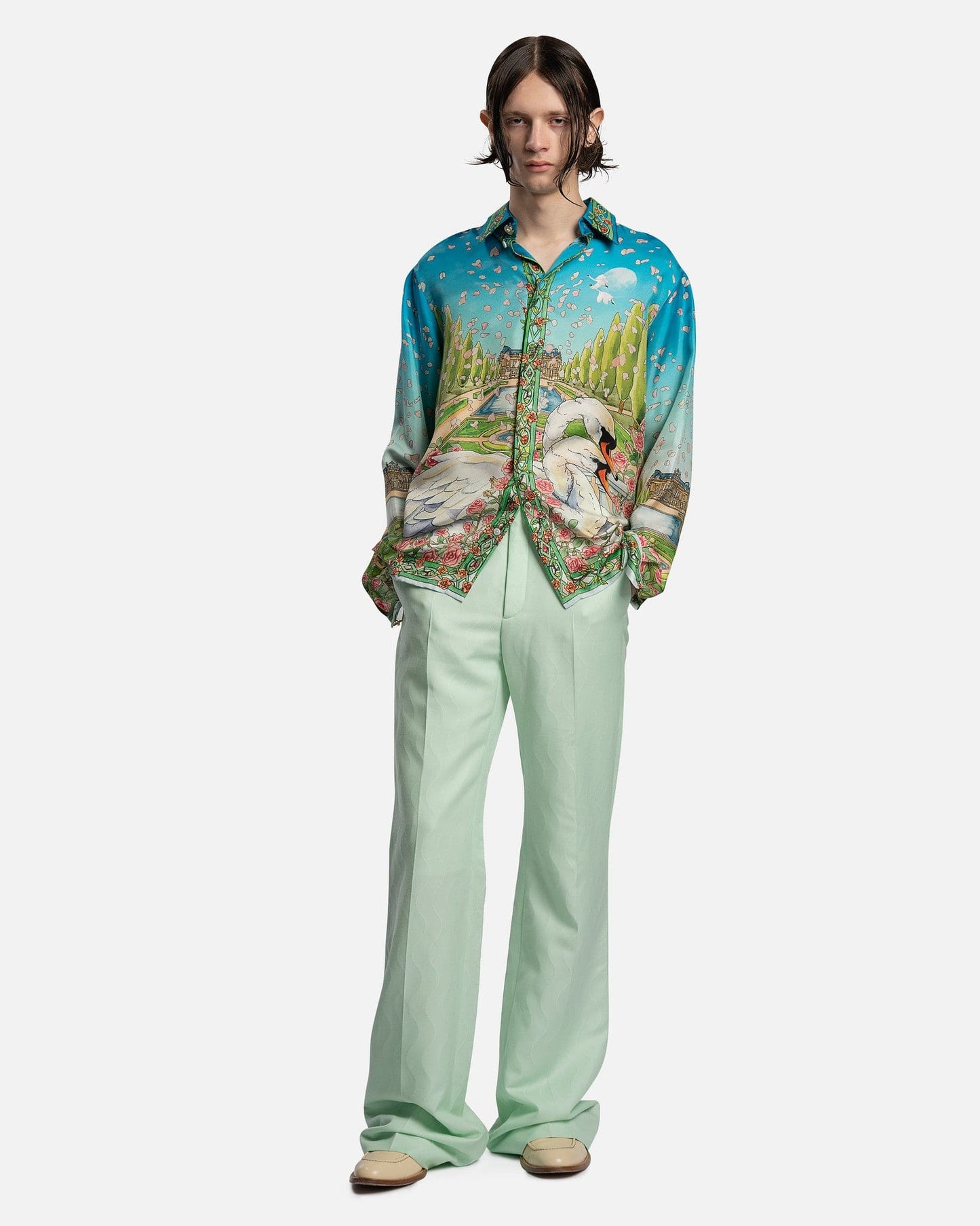 Casablanca Men's Pants Flared Trousers in Mint Memphis Pinstripe