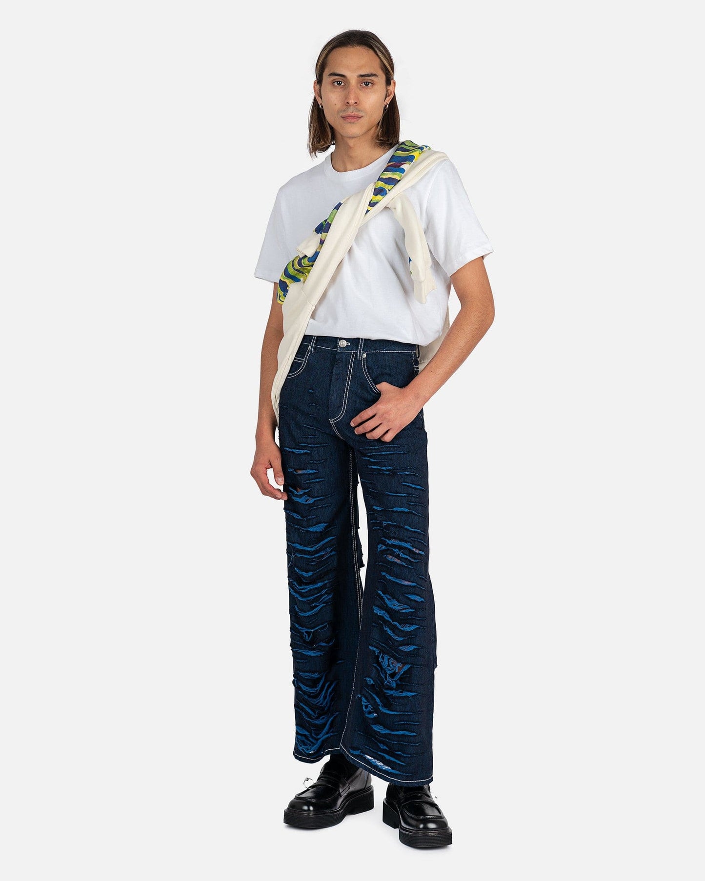 Marni Men's Jeans Frayed Denim Color in Iris Blue