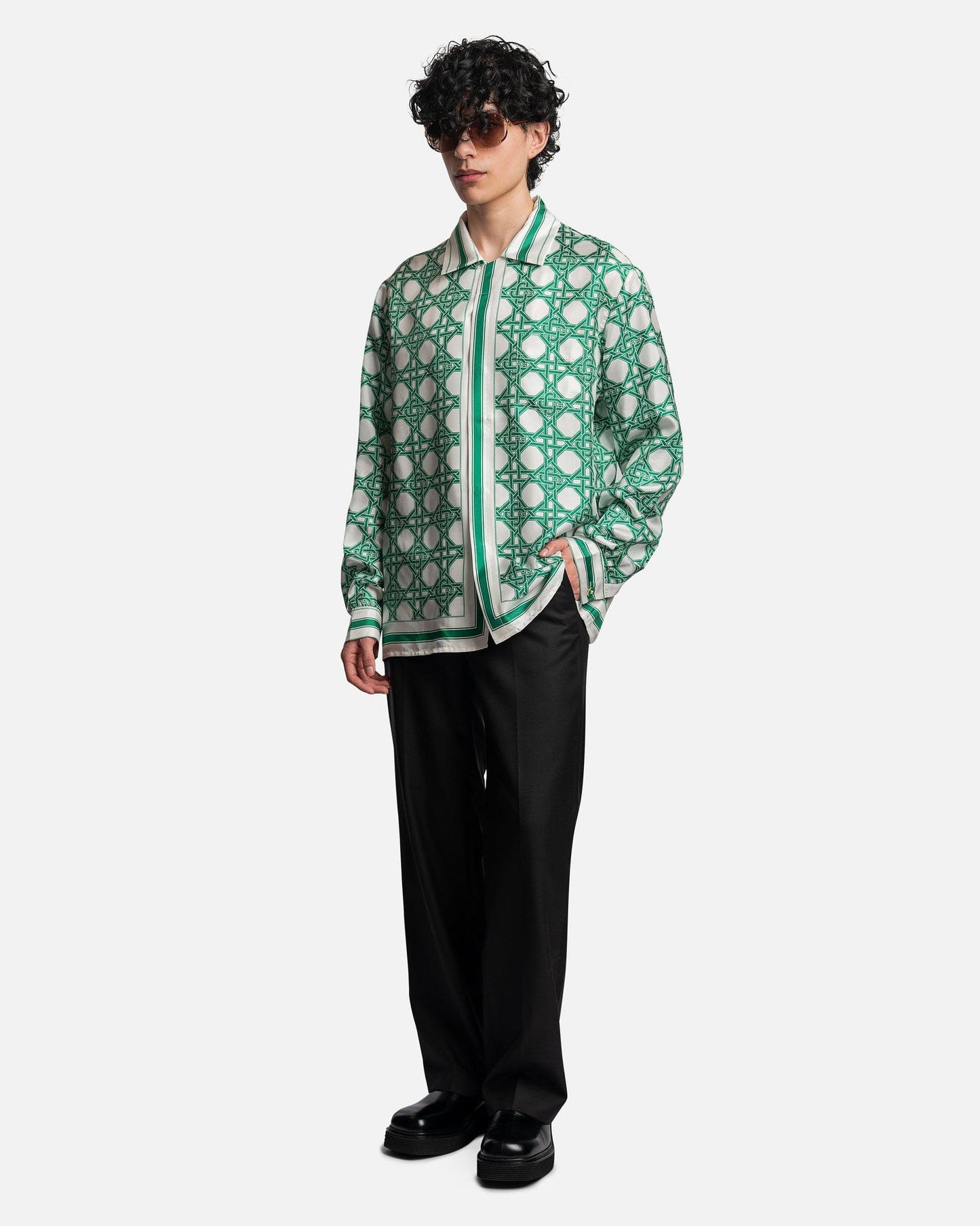 Casablanca Men's Shirts Green Le Monogramme D'Osier Cuban Collar Long Sleeve Shirt