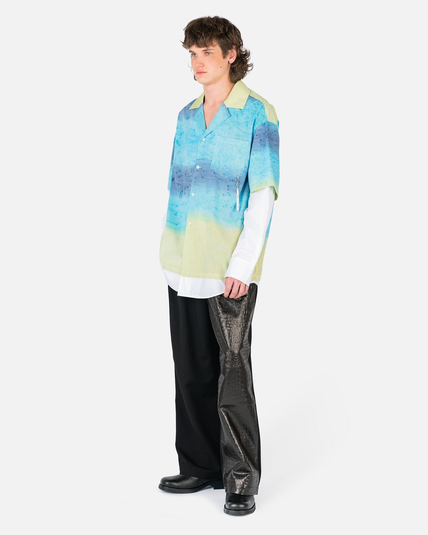 Feng Chen Wang Men's Pants Half Faux Leather Trousers in Black