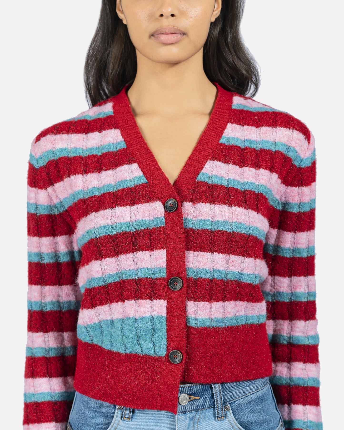 Andersson Bell Women Tops Kelly Asymmetric Stripe Cardigan in Red