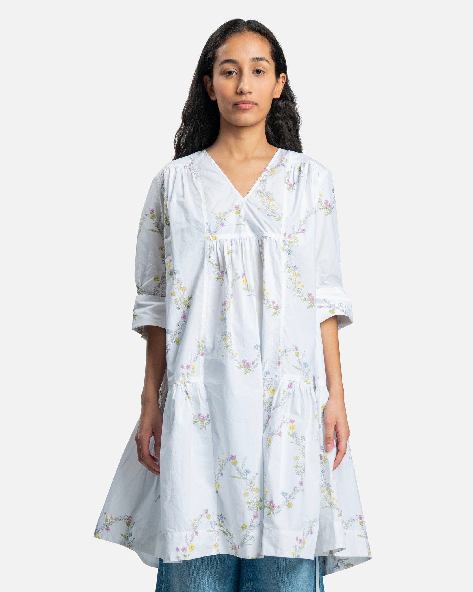 Knee-Length Cotton Poplin Dress in Floral Bright White SVRN Knee-Length Cotton Poplin Dress in Floral Bright White SVRN