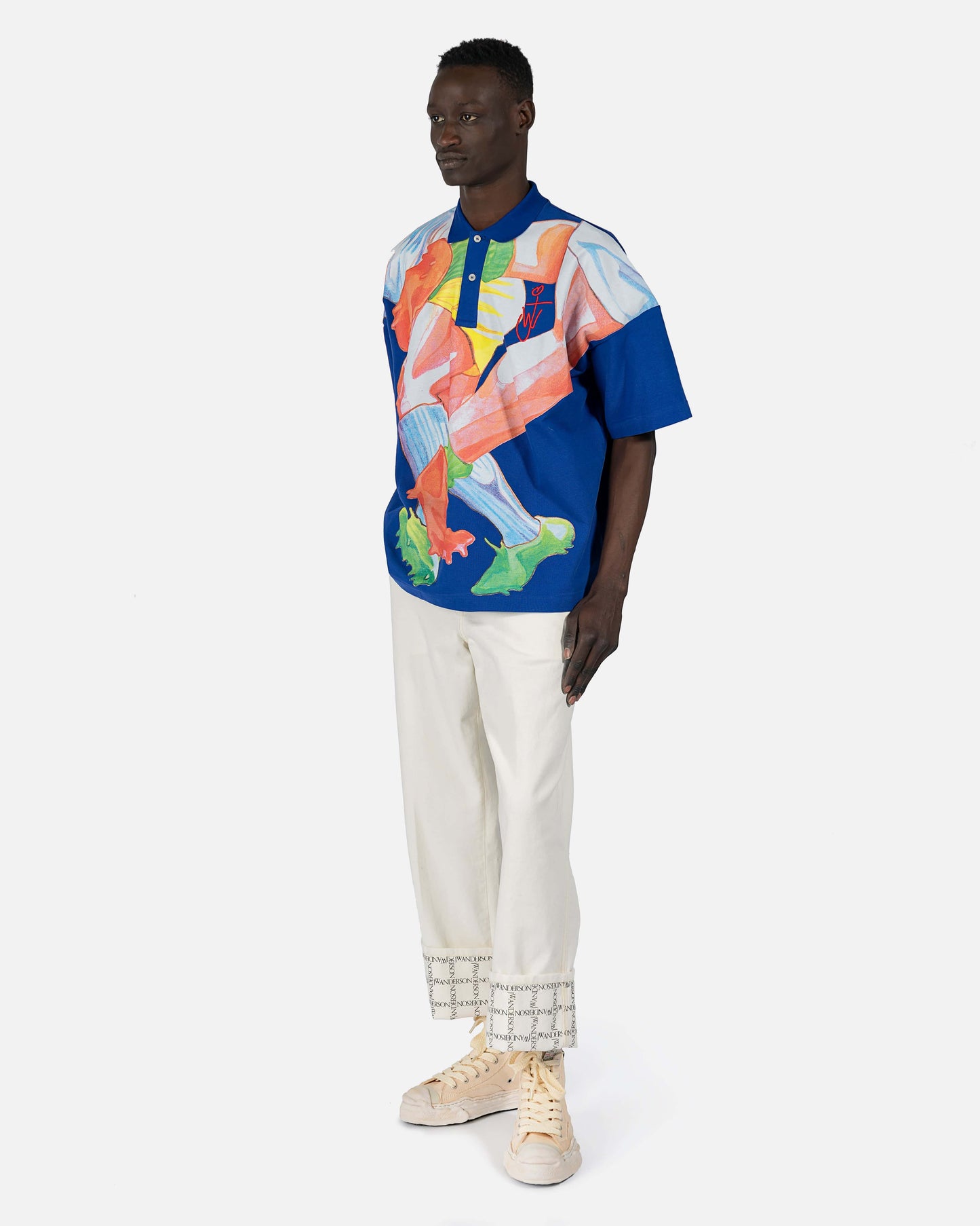 JW Anderson Men's Jeans Logo Grid Cuff Wide Leg Jeans in Off-White