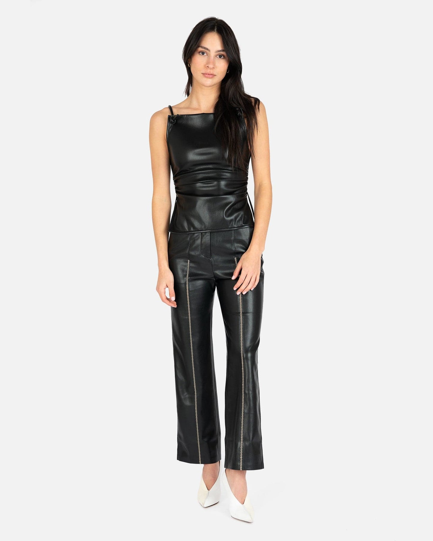 Nanushka Women Pants Lucee Vegan Leather Merrow-Stitch Straight Leg Trousers in Black