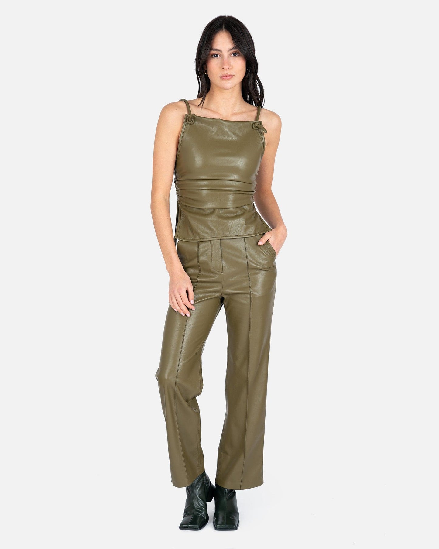 Nanushka Women Pants Lucee Vegan Leather Merrow-Stitch Straight Leg Trousers in Olive
