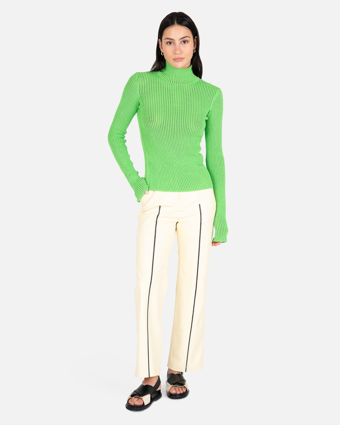 Nanushka Women Pants Lucee Vegan Leather Merrow-Stitch Straight Leg Trousers in Vanilla