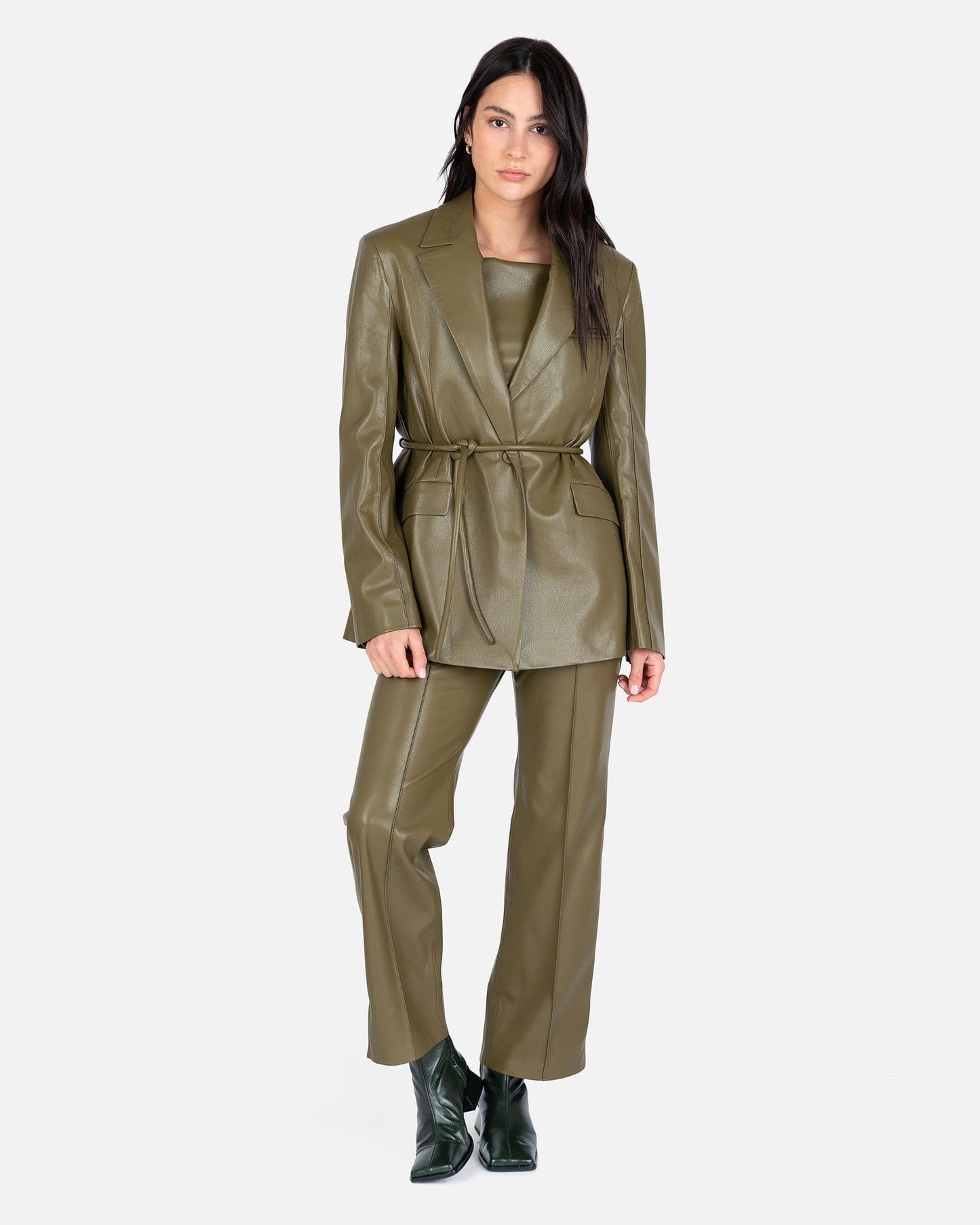 Nanushka Women Jackets Mariko Vegan Leather Tie-Waist Blazer in Olive