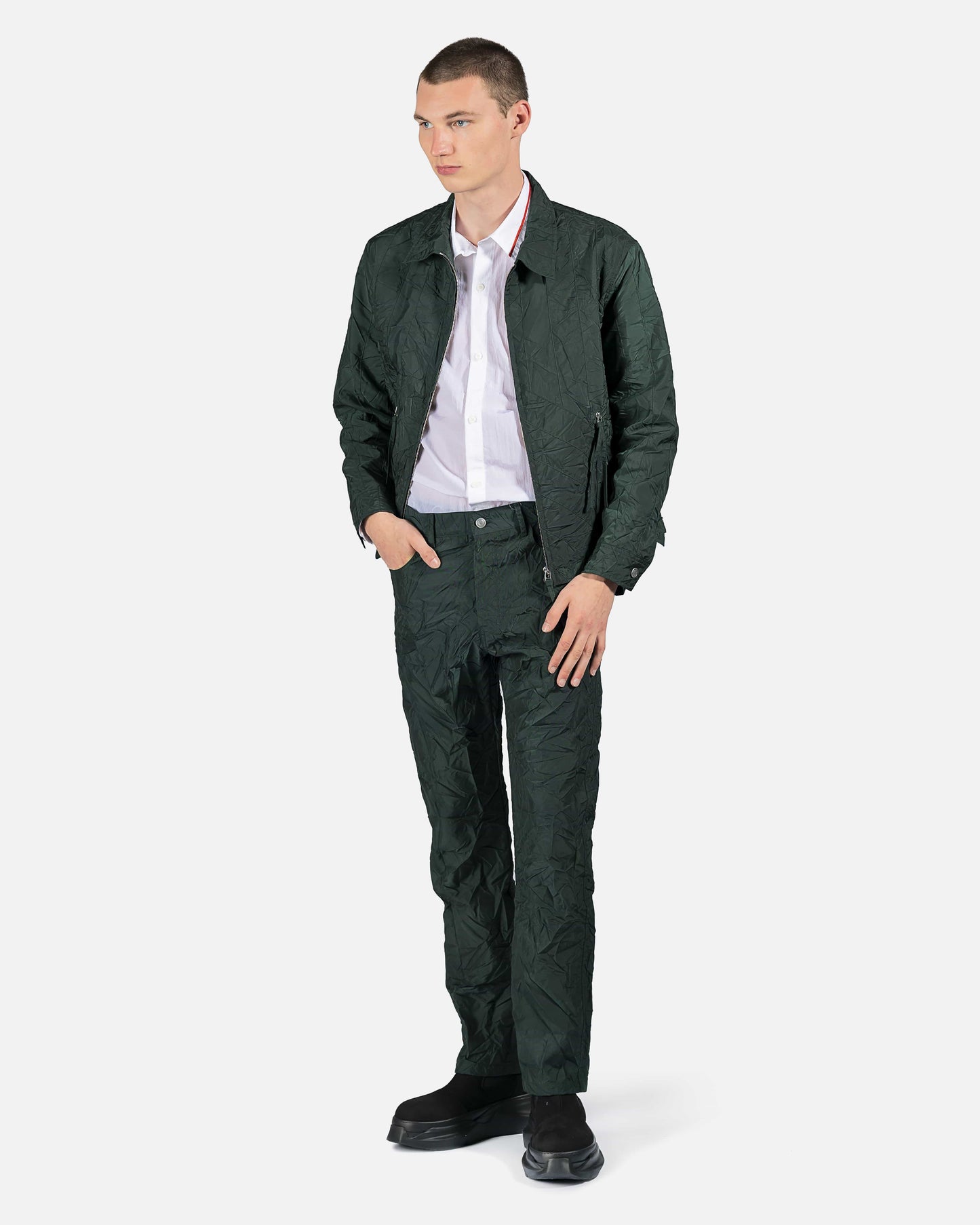 KANGHYUK Men's Pants Metallic Airbag Trousers in Dark Green