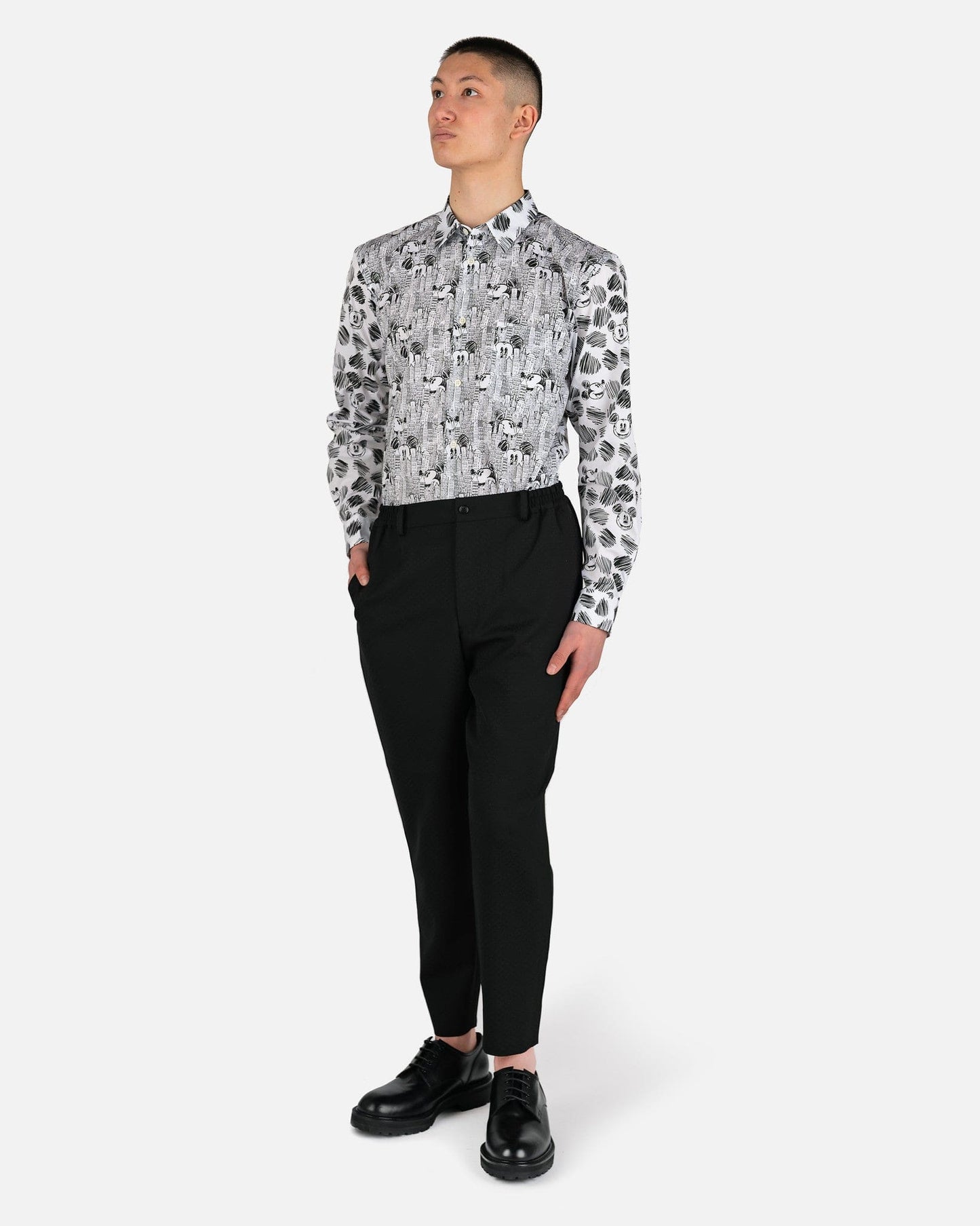 Comme des Garcons Homme Deux Men's Shirts Mickey Mouse Print Shirt in White/Black