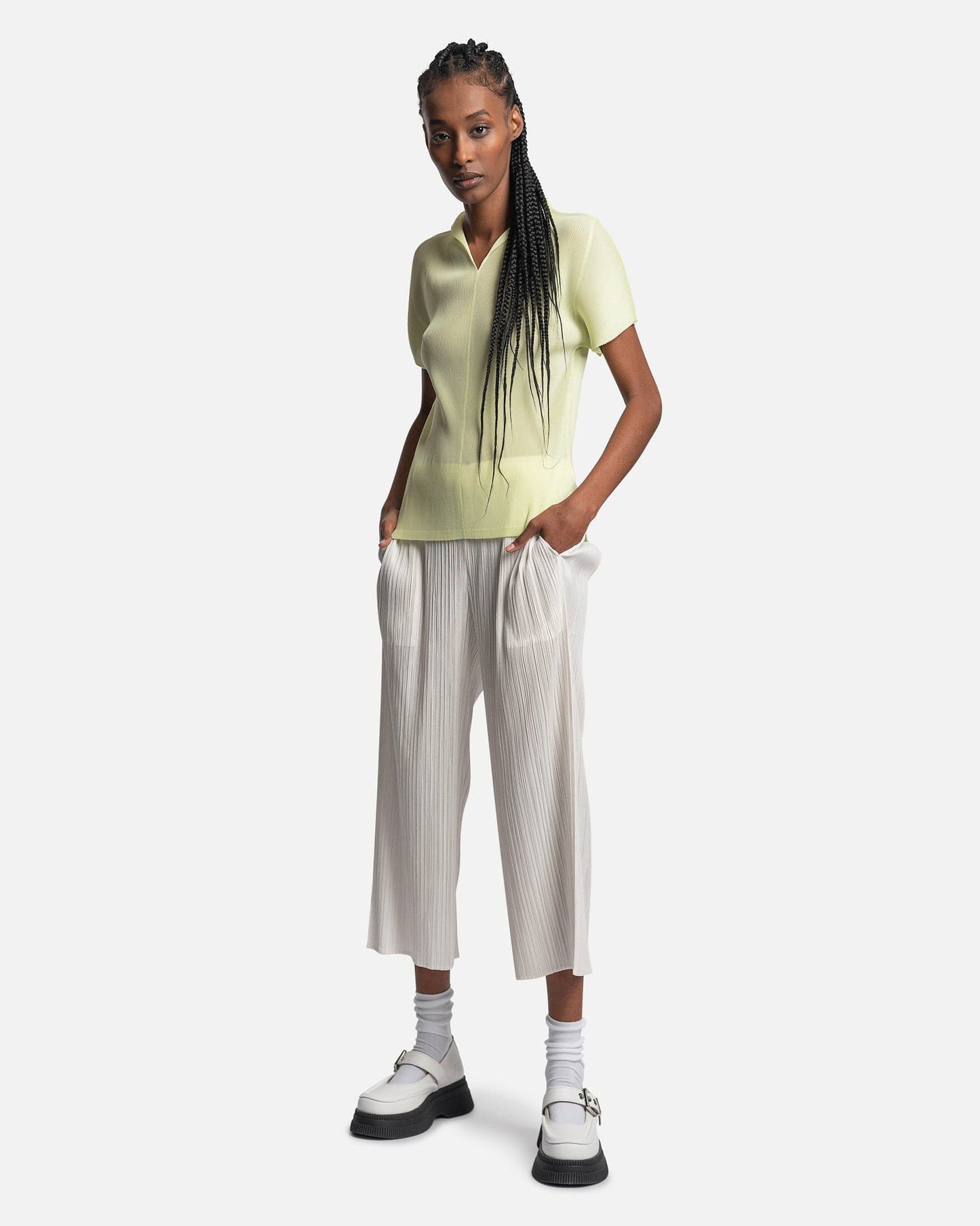 Pleats Please Issey Miyake Women Tops Mist Polo Top in Yellow Green