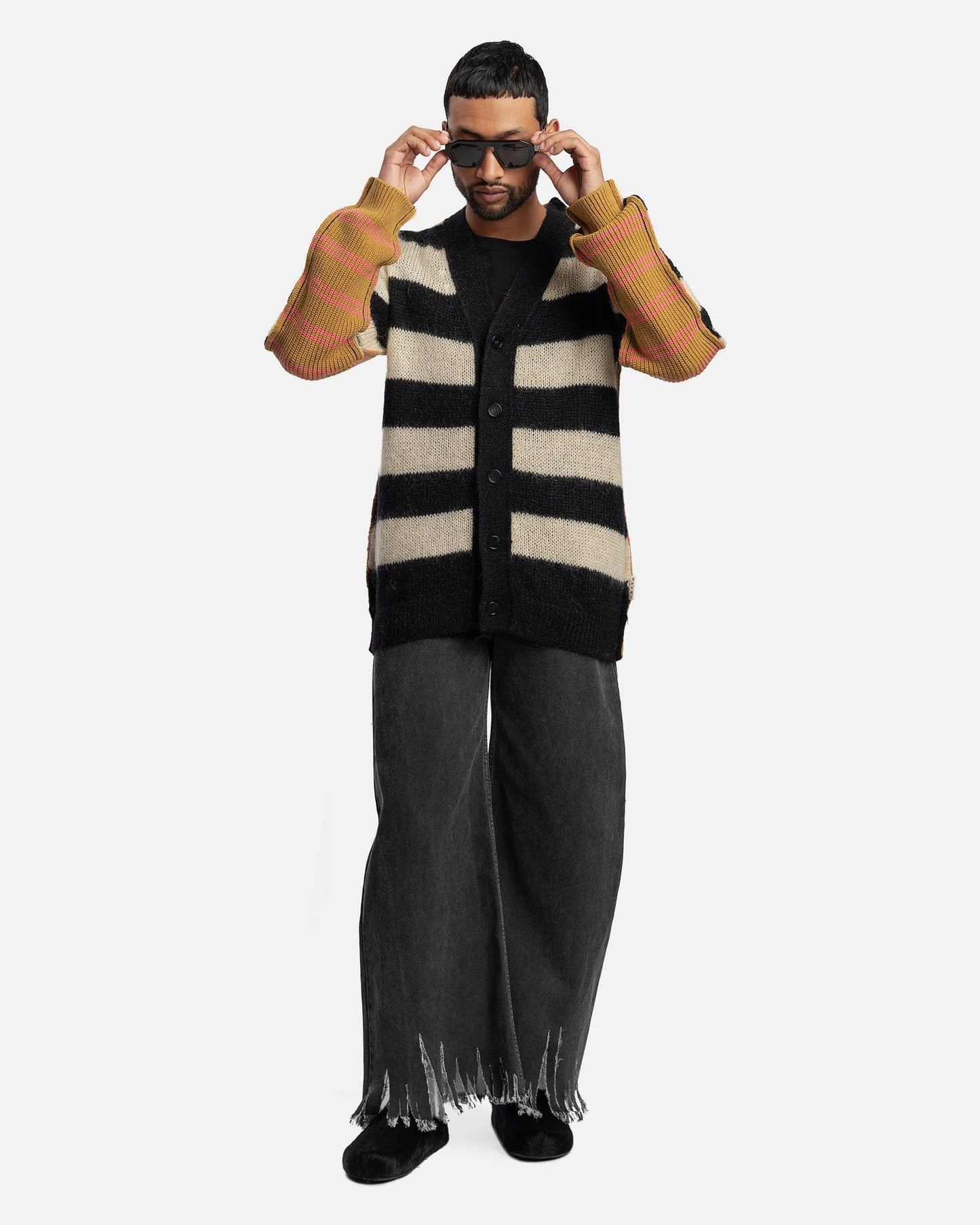 Marni Men's Sweater Mixed Striped Cardigan in Endive