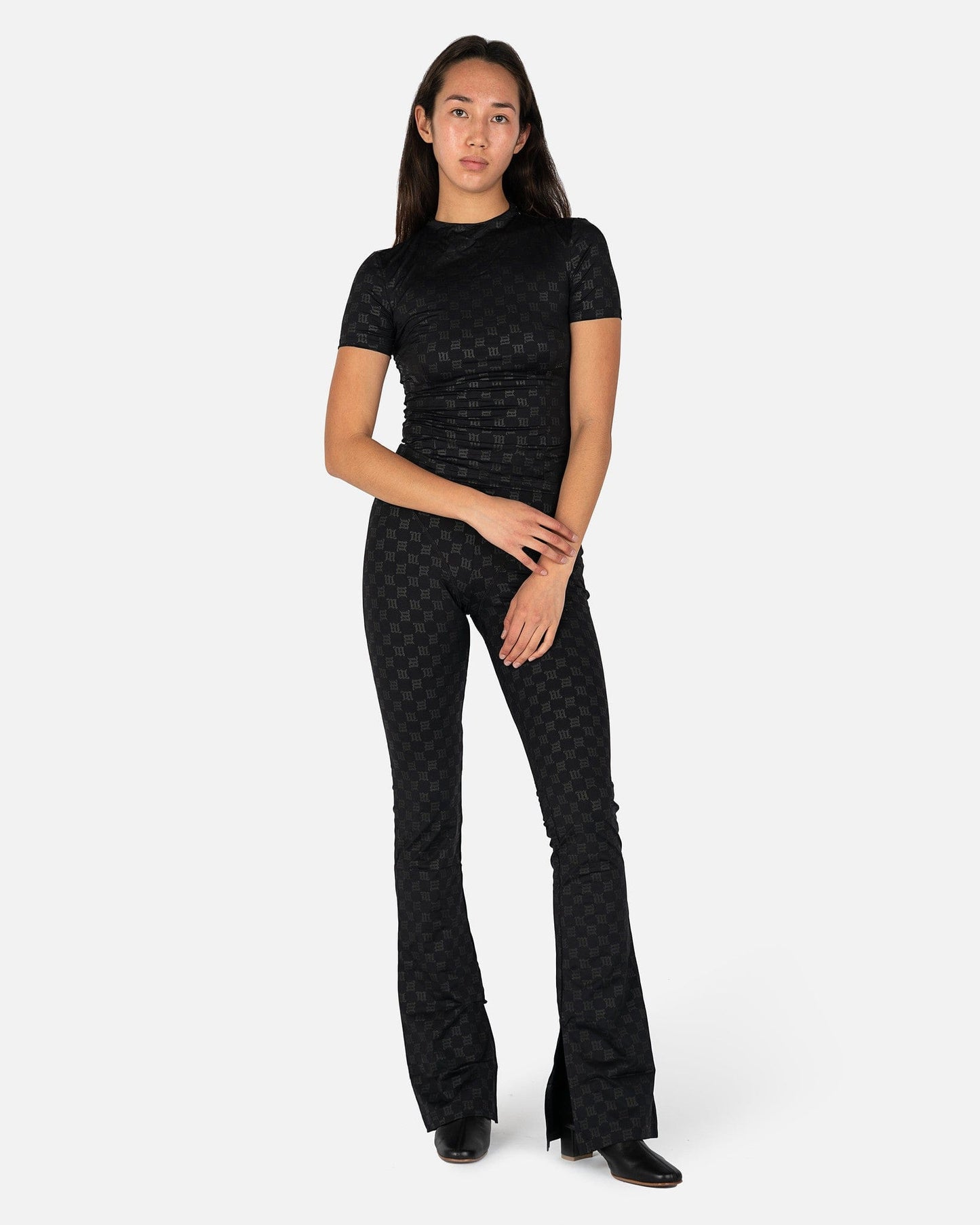 MISBHV Women Pants Monogram Flared Trousers in Black